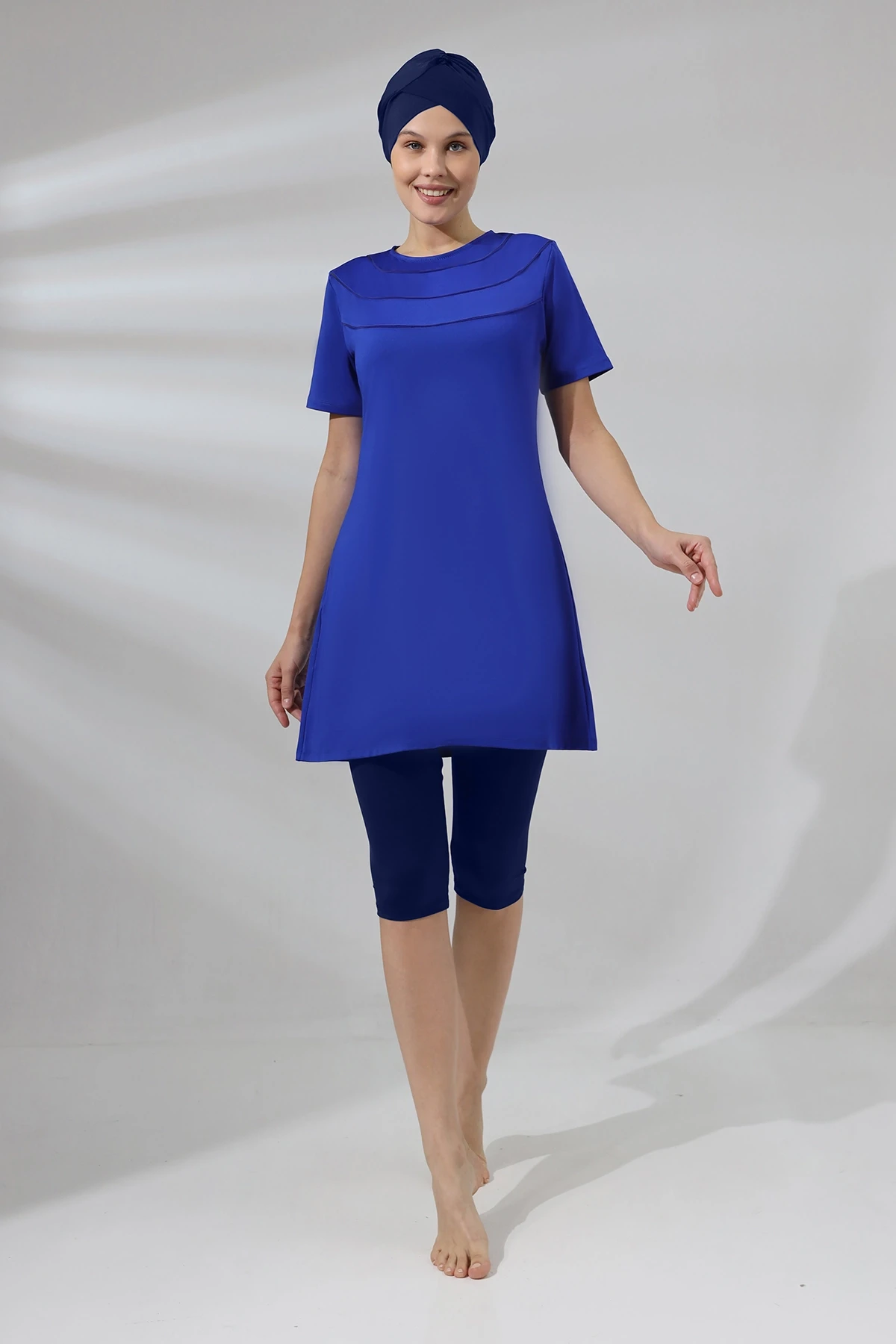 Kadın Tesettür Saks Mavi Kısa Kollu Likralı Boneli Taytlı Elbise Mayo HZL24S-AR1185-11