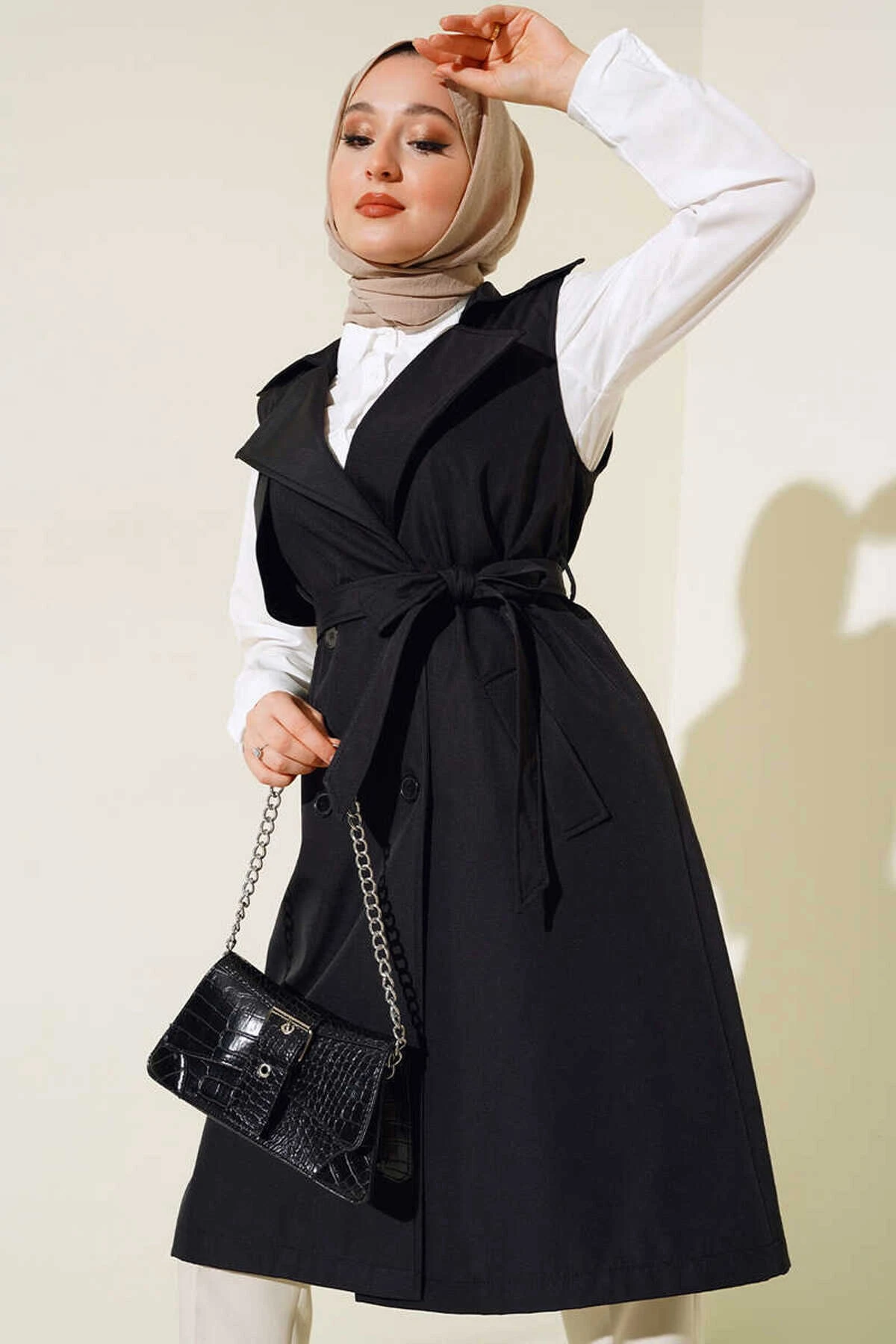Kadın Tesettür Siyah Kruvaze Yaka Kuşaklı Mevsimlik Trençkot Yelek Hzl25s-bd159111