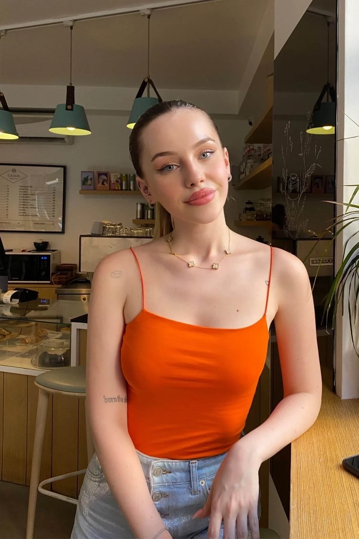 Kadın Turuncu İp Askılı Örme Body Bluz HZL24S-ZK11001