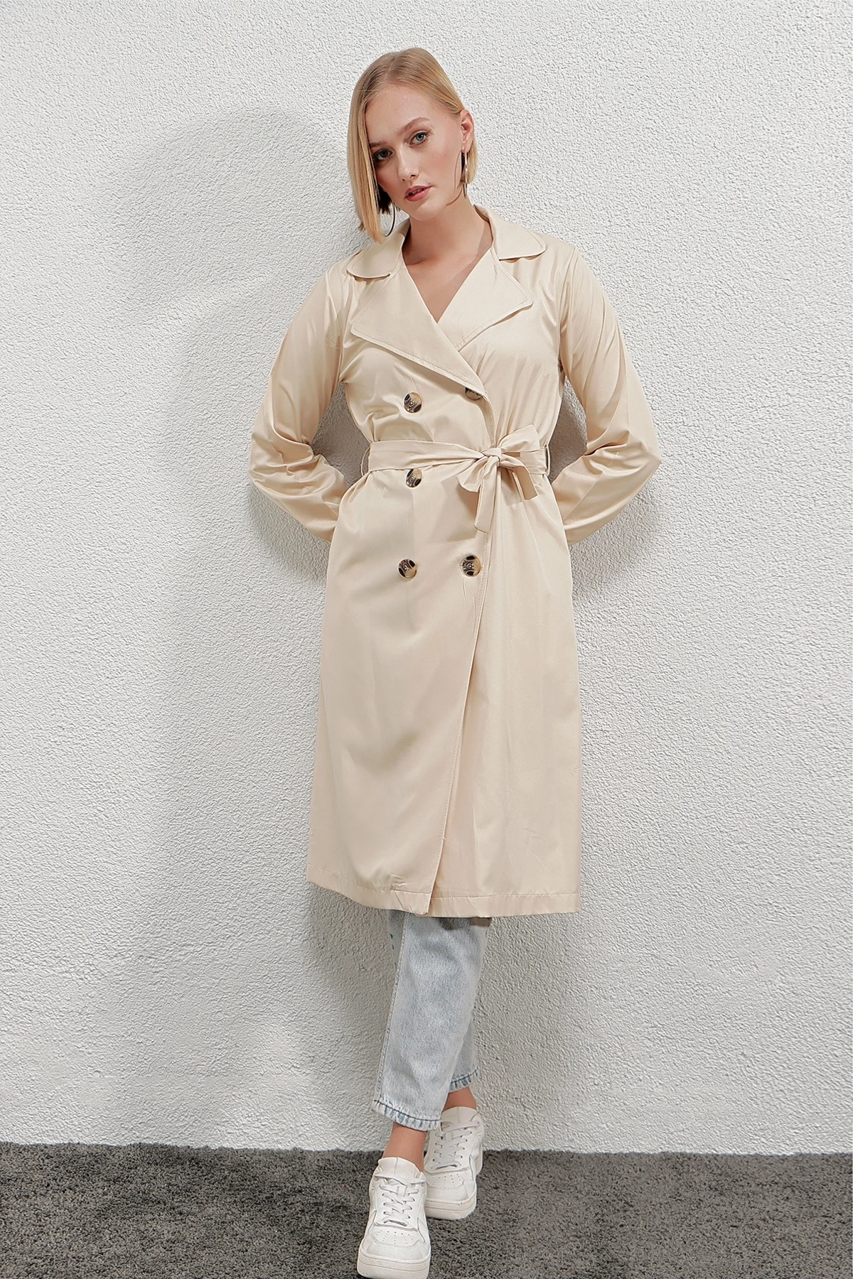 Kadın Vizon Kruvaze Yaka Kemerli Astarsız Mevsimlik Rahat Trençkot  HZL22S-BD158531