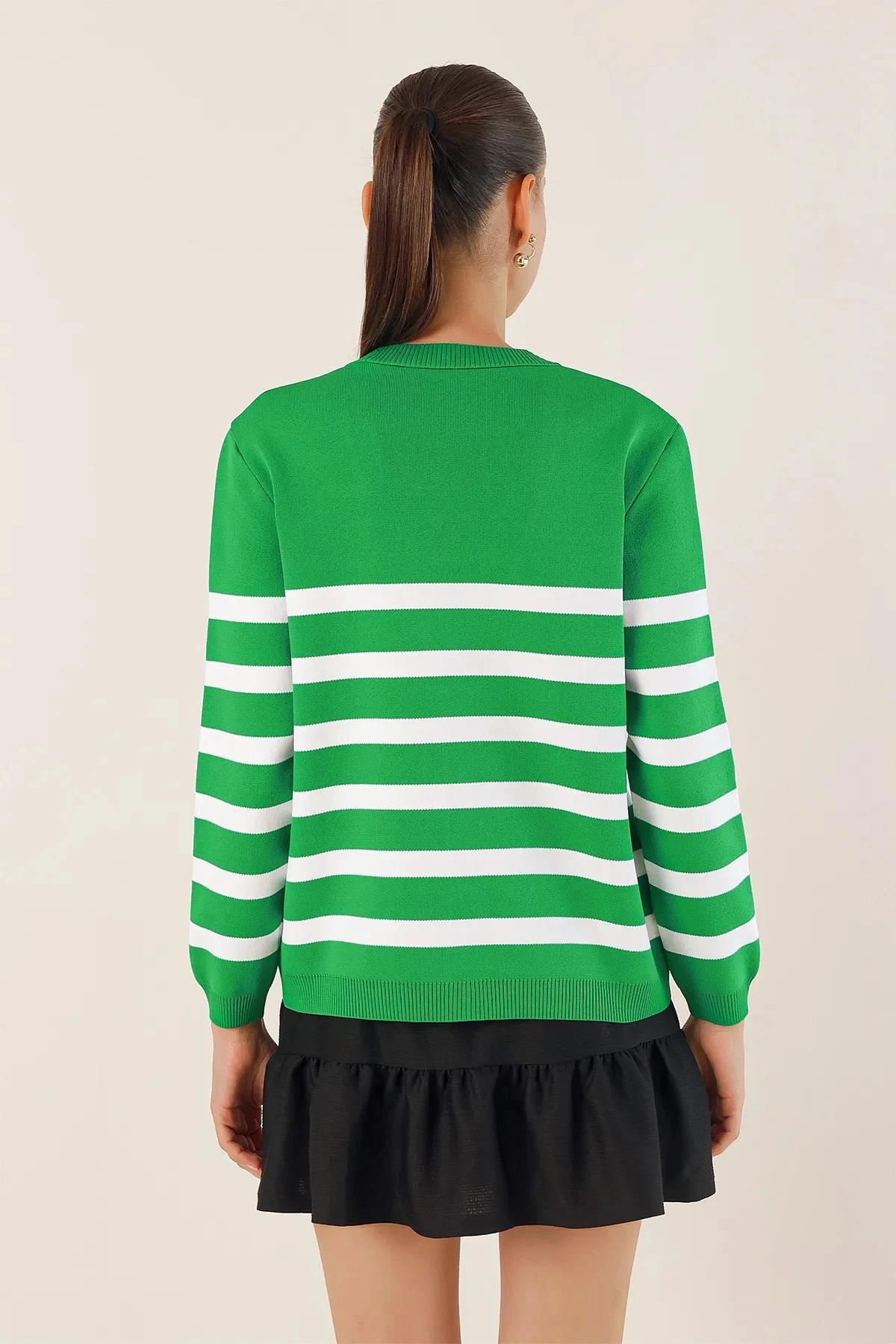 Kadın Yeşil Çizgili V yaka Rahat Kesim Triko Hırka HZL24W-BD1102151