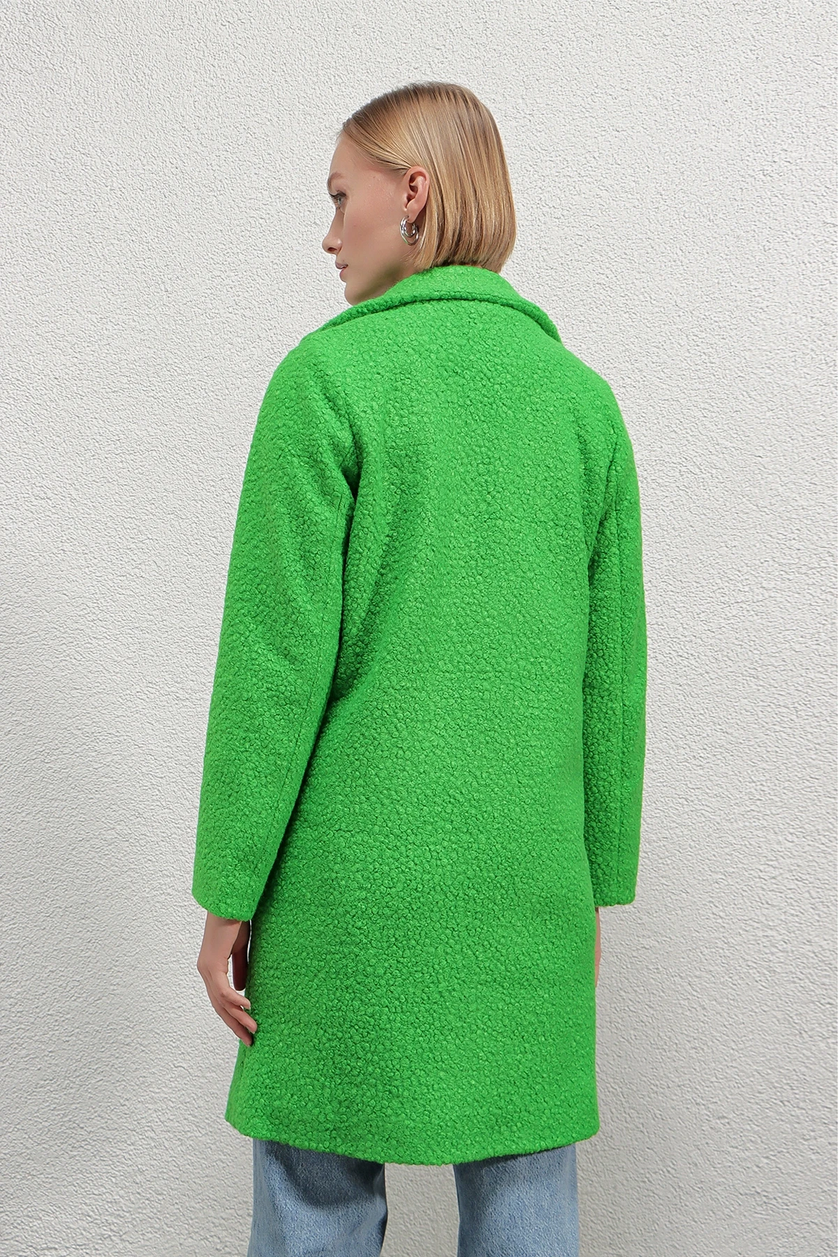 Kadın Yeşil Tek Düğmeli Çift Cepli Astarlı Buklet Kaşe Kaban Hzl22w-bd190821