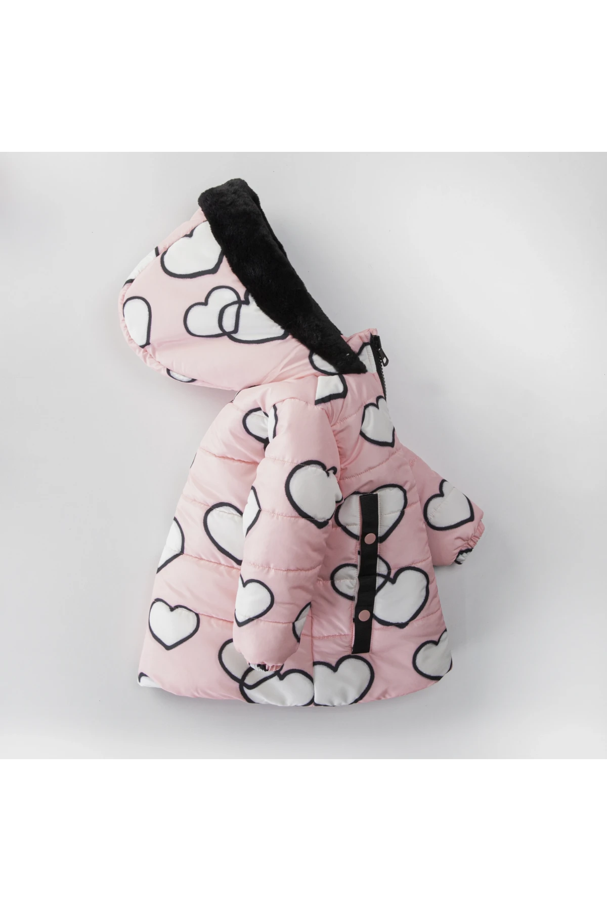 Kız Çocuk Açık Pembe Kalpli 1-5 Yaş Kışlık İçi Polar Astarlı Kapüşonlu Şişme Mont HZL24W-MDM1501171