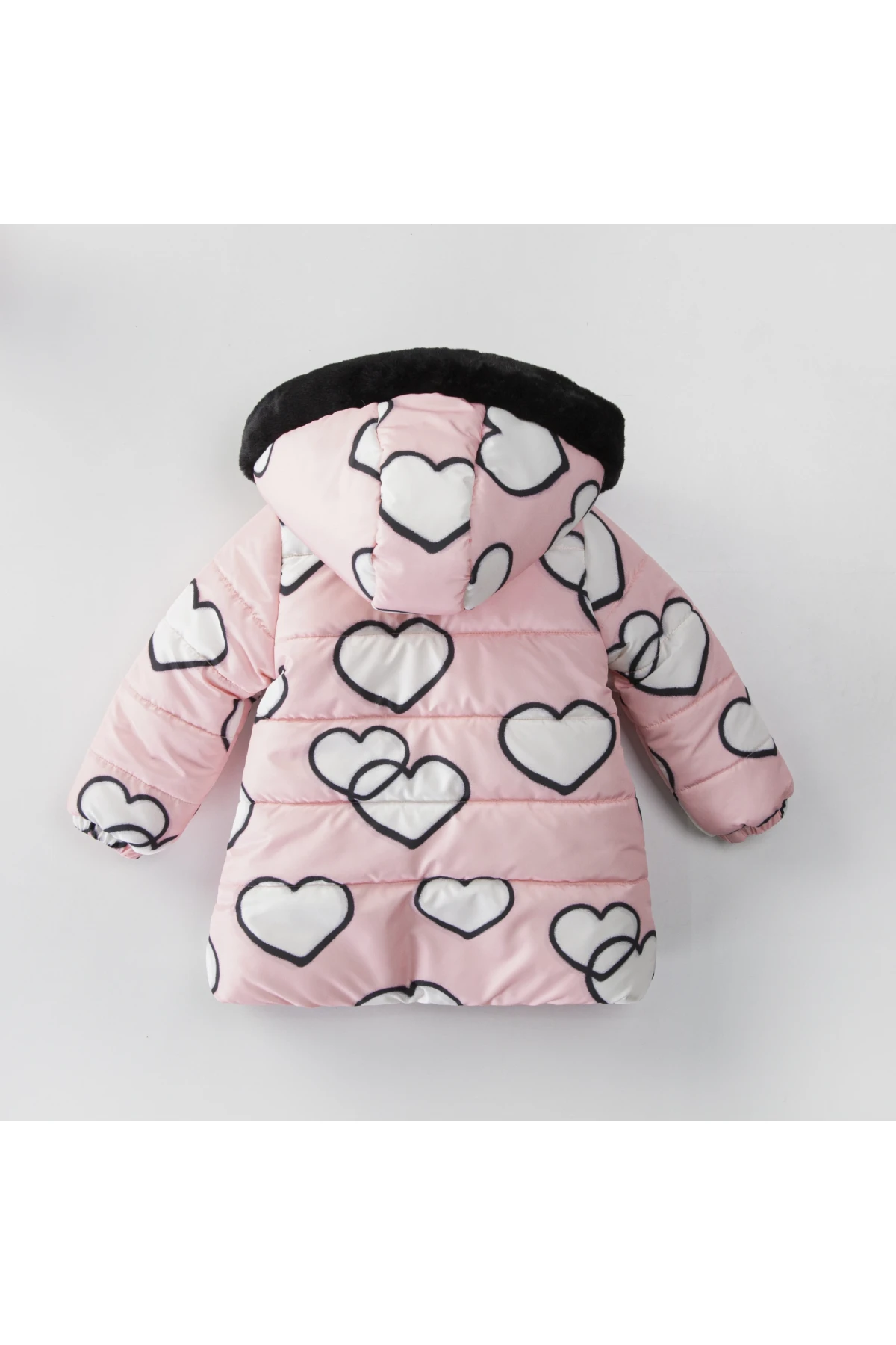 Kız Çocuk Açık Pembe Kalpli 1-5 Yaş Kışlık İçi Polar Astarlı Kapüşonlu Şişme Mont HZL24W-MDM1501171