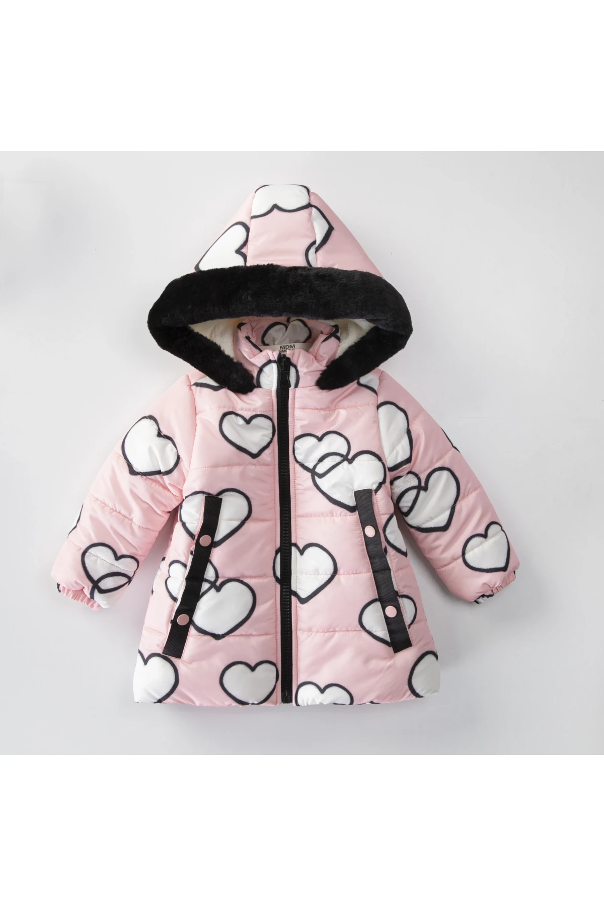 Kız Çocuk Açık Pembe Kalpli 1-5 Yaş Kışlık İçi Polar Astarlı Kapüşonlu Şişme Mont HZL24W-MDM1501171