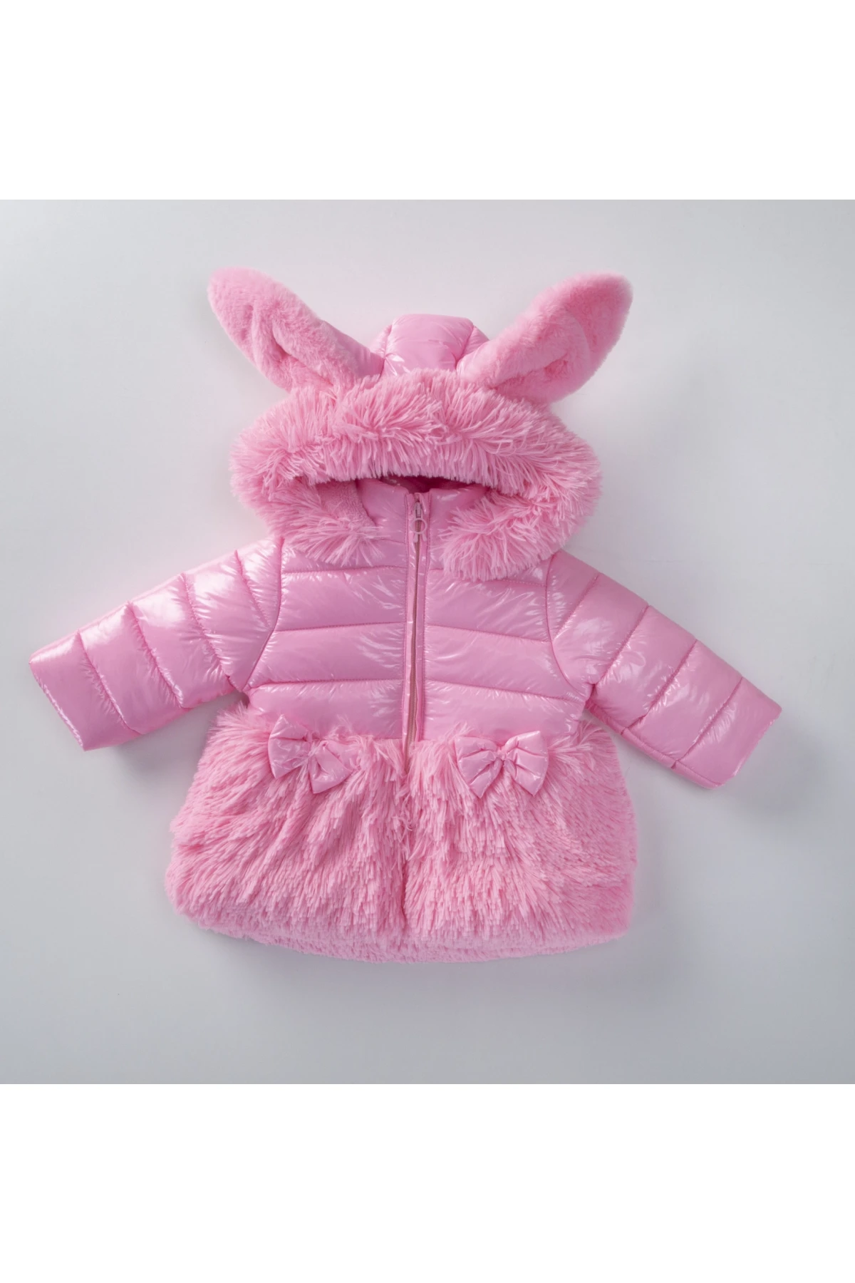 Kız Çocuk Açık Pembe Tavşan Kulak 9 Ay-5 Yaş Kışlık İçi Polar Astarlı Kapüşonlu Şişme Mont HZL24W-MDM1224581