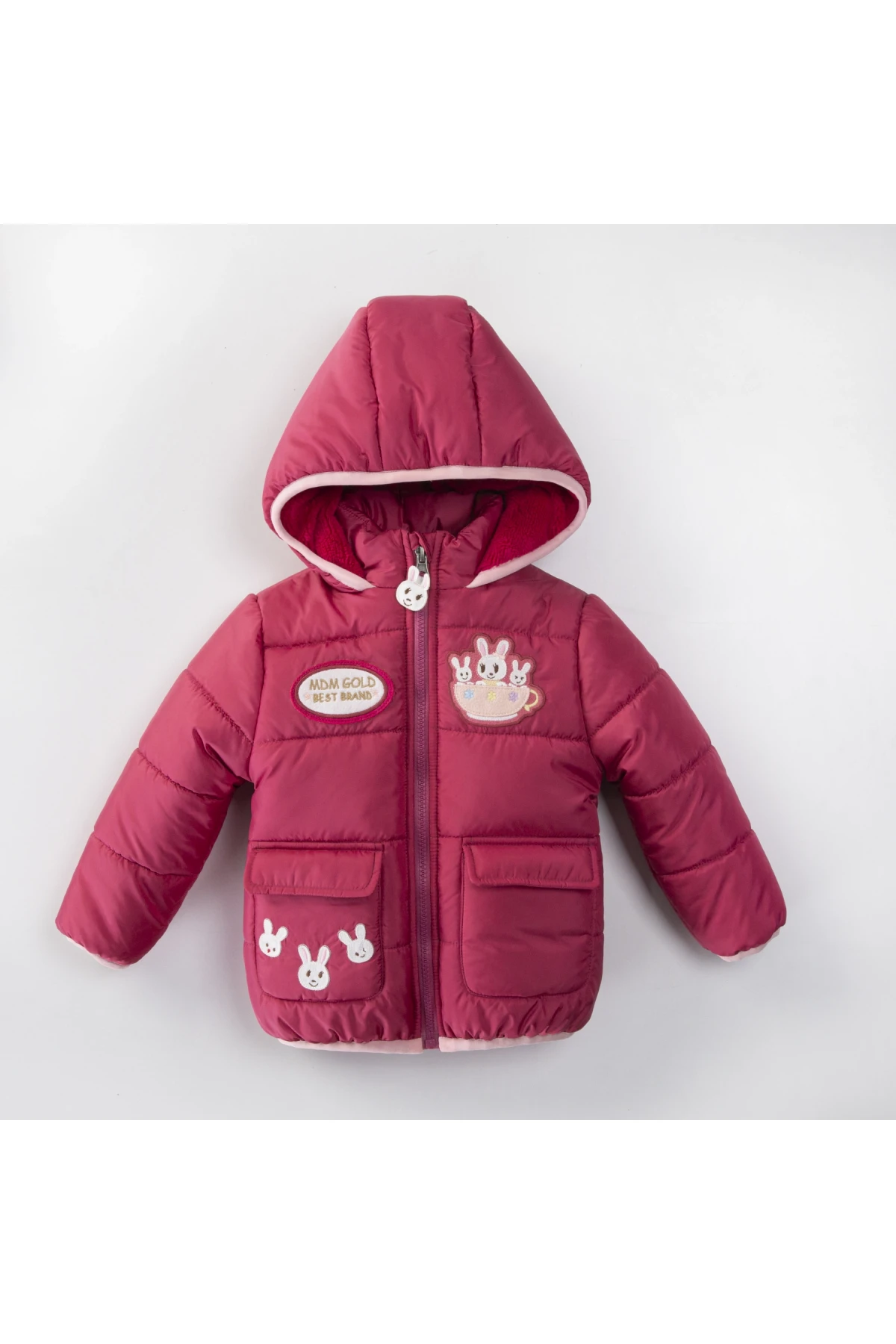 Kız Çocuk Bordo Hayvan Temalı 1-5 Yaş Kışlık İçi Polar Astarlı Kapüşonlu Şişme Mont HZL24W-MDM1501261