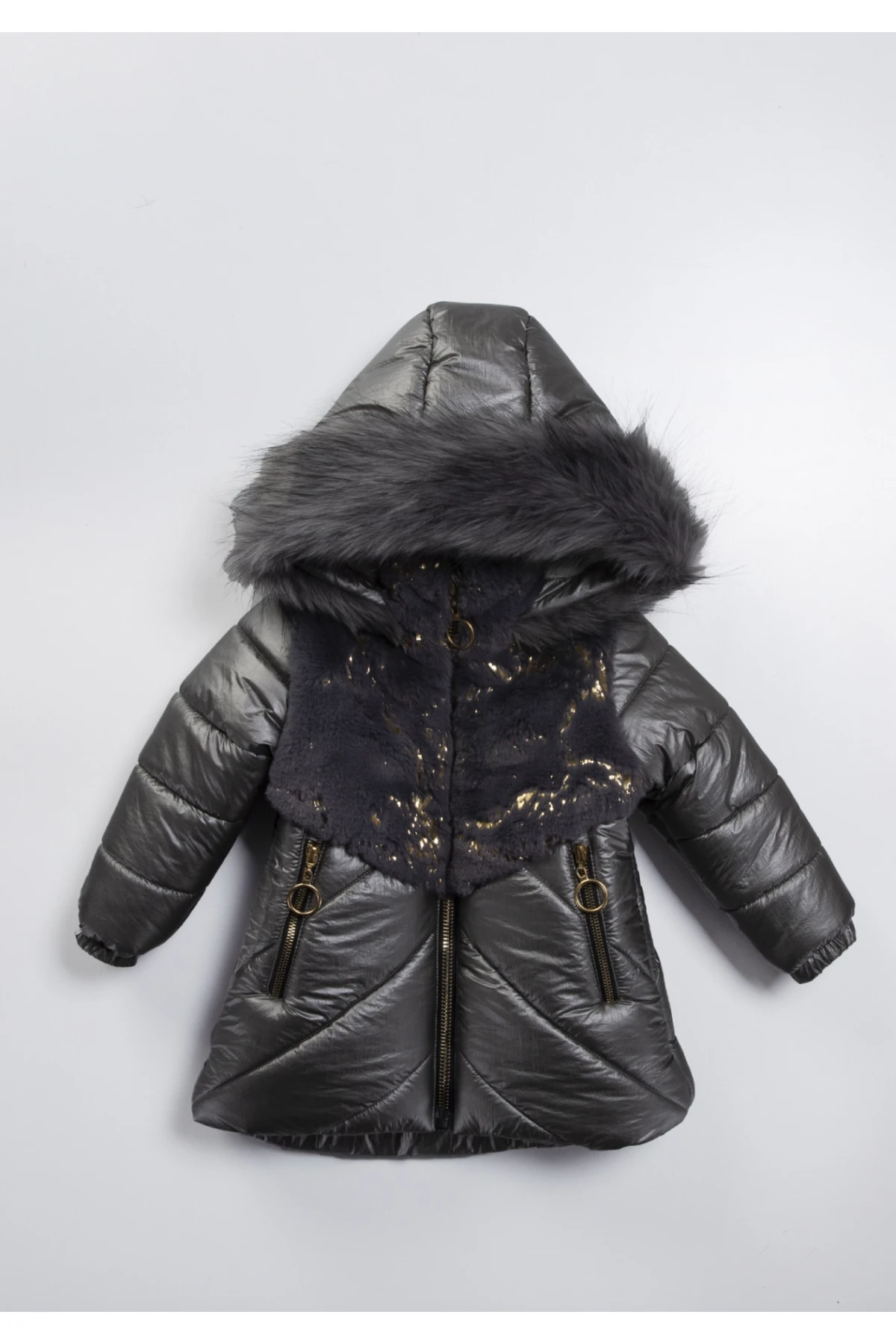 Kız Çocuk Füme Çift Cepli 2-9 Yaş Kışlık İçi Polar Astarlı Kapüşonu Kürklü Şişme Mont HZL24W-MDM1224001