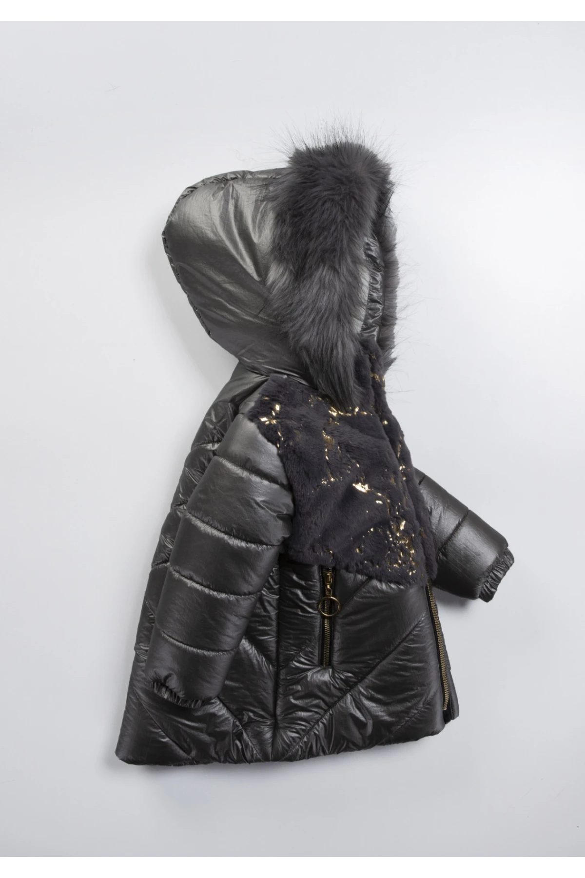 Kız Çocuk Füme Çift Cepli 2-9 Yaş Kışlık İçi Polar Astarlı Kapüşonu Kürklü Şişme Mont HZL24W-MDM1224001