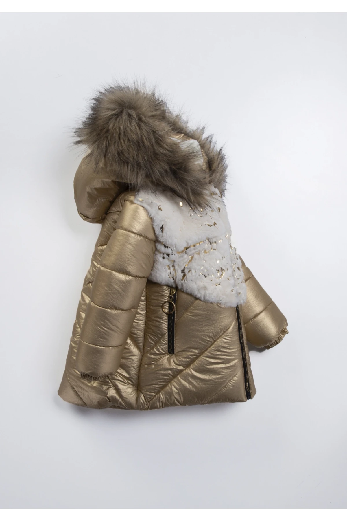 Kız Çocuk Gold Çift Cepli 2-9 Yaş Kışlık İçi Polar Astarlı Kapüşonu Kürklü Şişme Mont HZL24W-MDM1224001