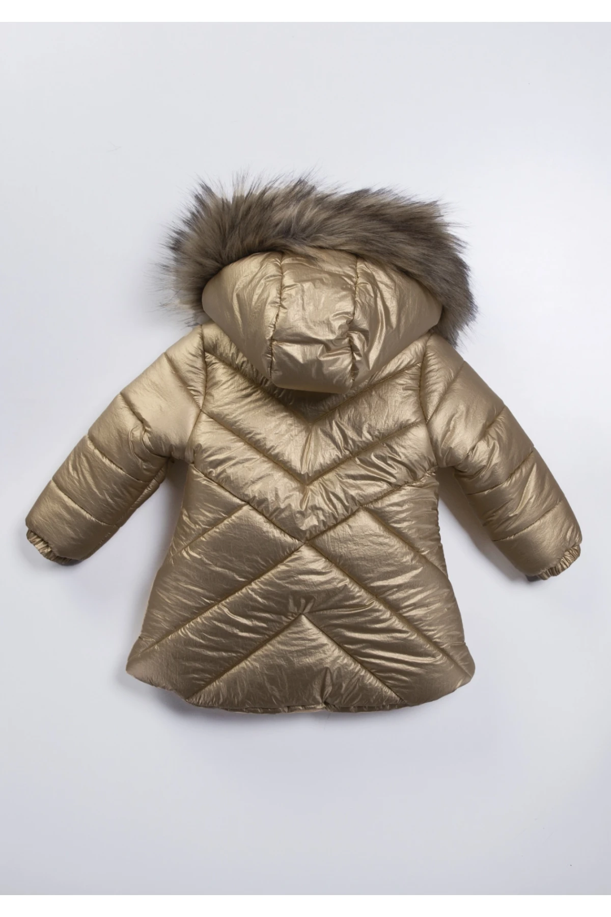 Kız Çocuk Gold Çift Cepli 2-9 Yaş Kışlık İçi Polar Astarlı Kapüşonu Kürklü Şişme Mont HZL24W-MDM1224001