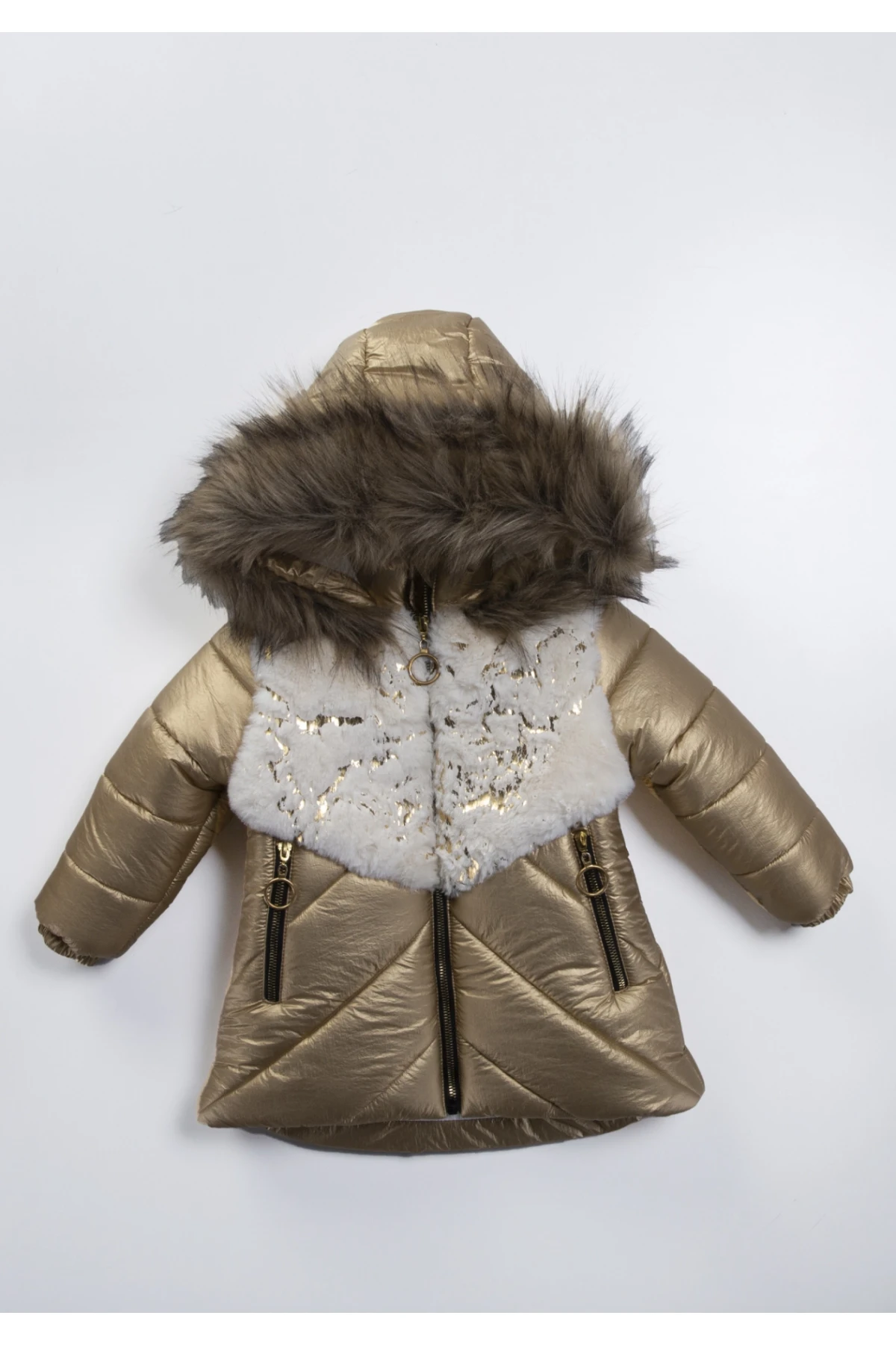 Kız Çocuk Gold Çift Cepli 2-9 Yaş Kışlık İçi Polar Astarlı Kapüşonu Kürklü Şişme Mont HZL24W-MDM1224001