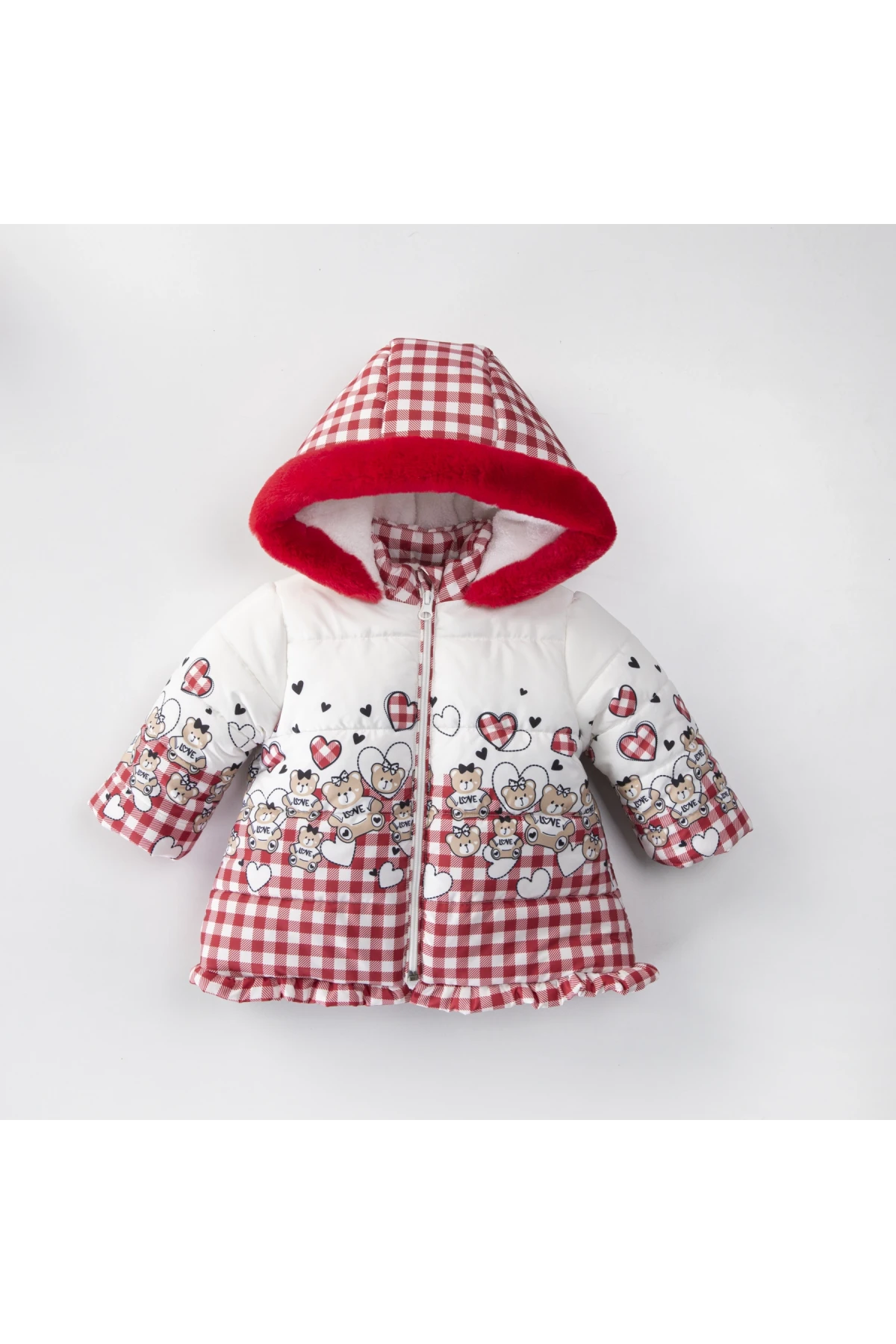 Kız Çocuk Kırmızı Kareli Ayıcık ve Kalp Desenli 1-5 Yaş Kışlık İçi Polar Astarlı Kapüşonlu Şişme Mont HZL24W-MDM1501161