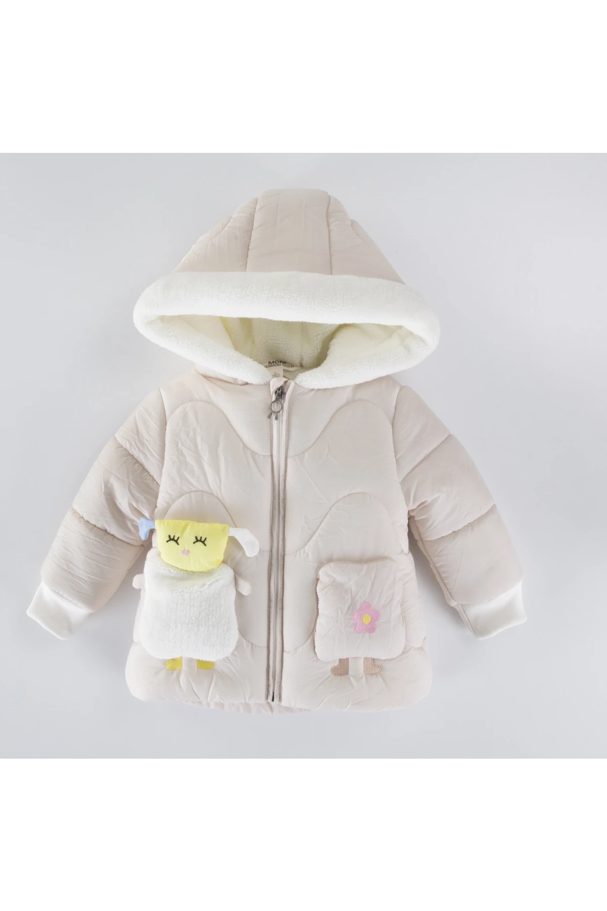 Kız Çocuk Krem Hayvan Temalı 9-24 Ay Kışlık İçi Polar Astarlı Kapüşonlu Şişme Mont HZL24W-MDM1501131