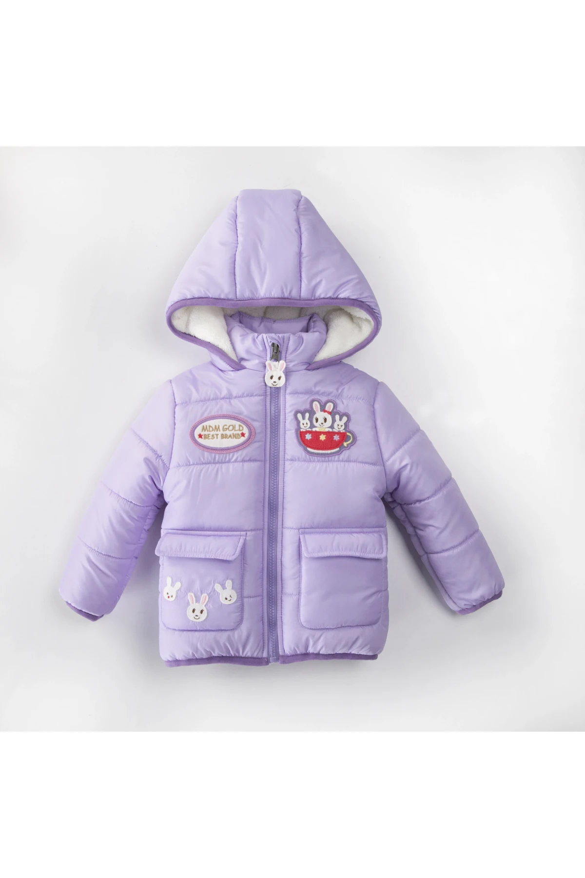 Kız Çocuk Lila Hayvan Temalı 1-5 Yaş Kışlık İçi Polar Astarlı Kapüşonlu Şişme Mont HZL24W-MDM1501261