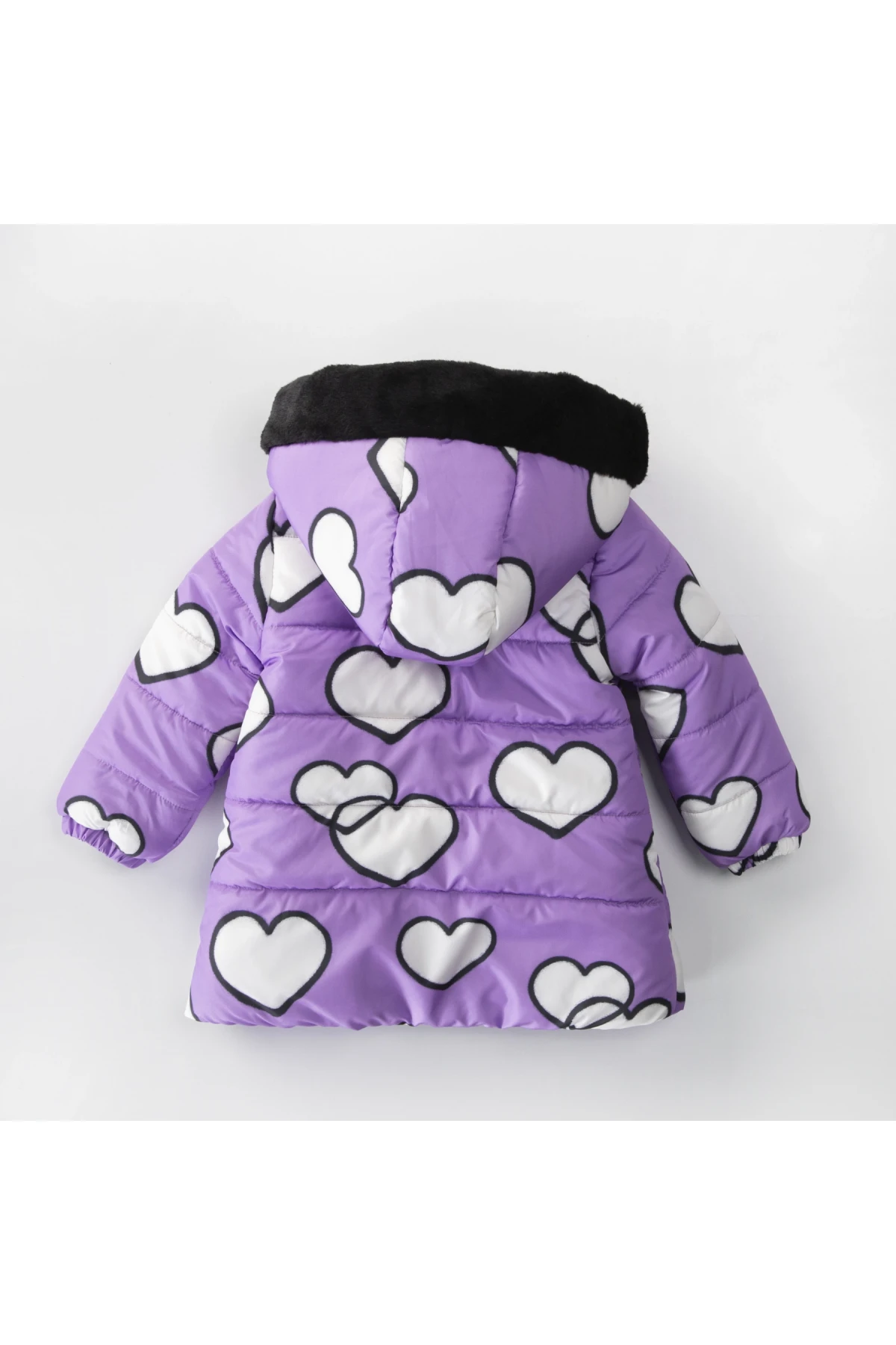 Kız Çocuk Lila Kalpli 1-5 Yaş Kışlık İçi Polar Astarlı Kapüşonlu Şişme Mont HZL24W-MDM1501171