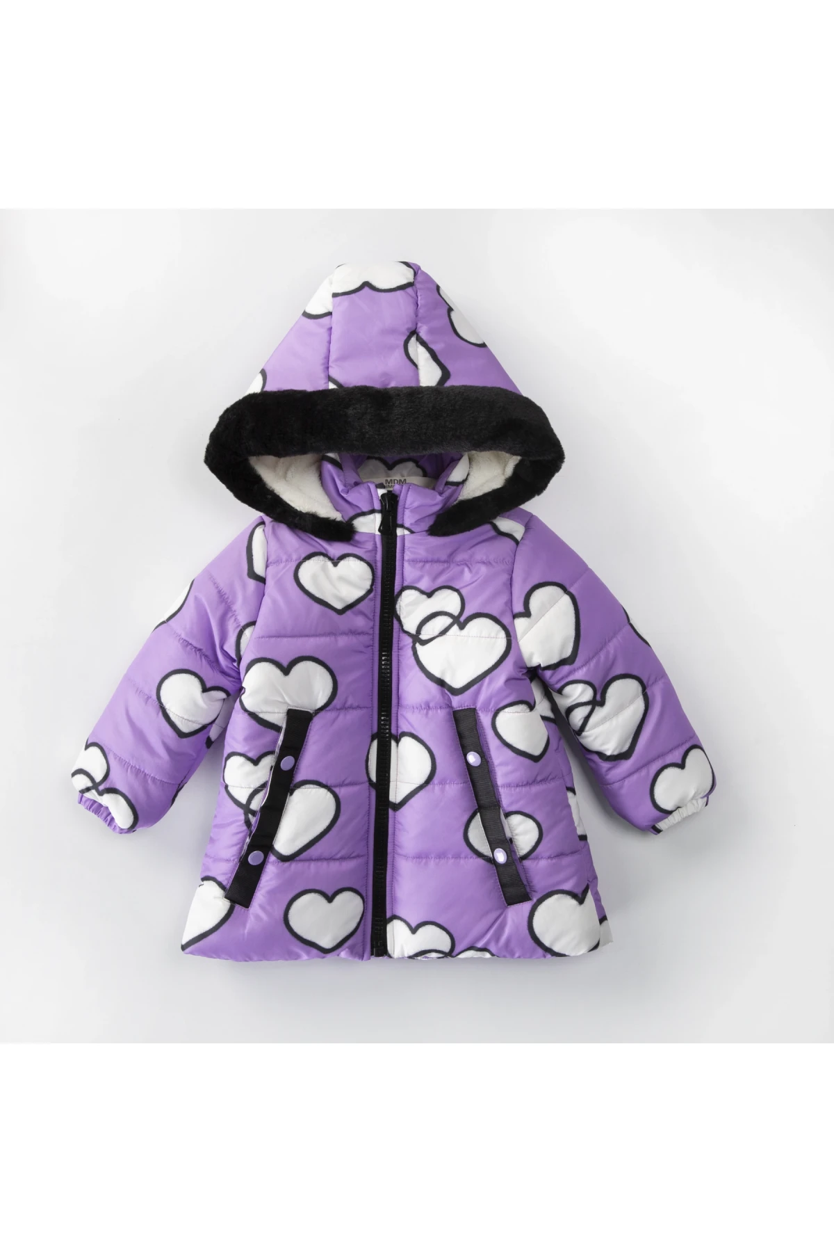 Kız Çocuk Lila Kalpli 1-5 Yaş Kışlık İçi Polar Astarlı Kapüşonlu Şişme Mont HZL24W-MDM1501171