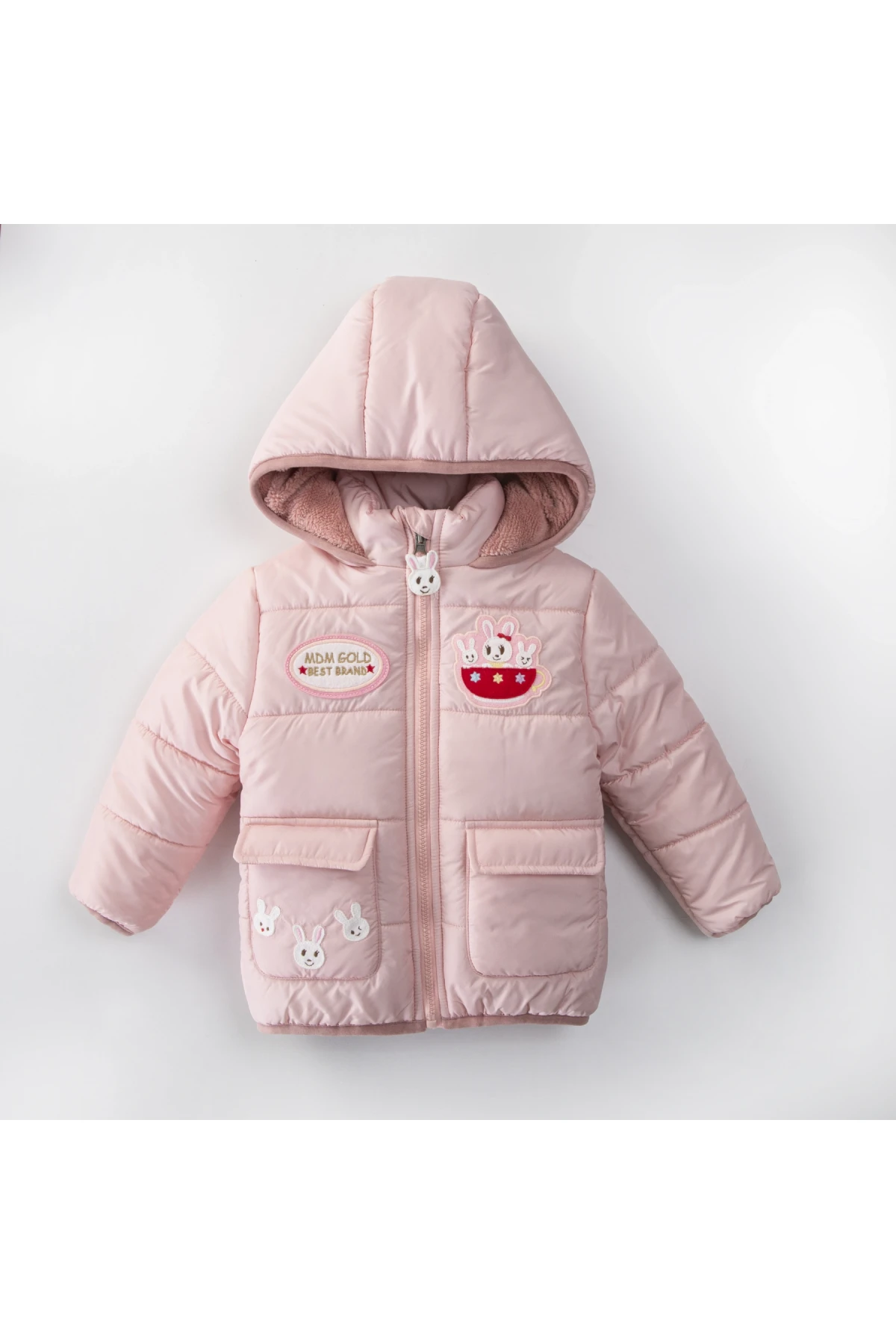 Kız Çocuk Pudra Hayvan Temalı 1-5 Yaş Kışlık İçi Polar Astarlı Kapüşonlu Şişme Mont HZL24W-MDM1501261