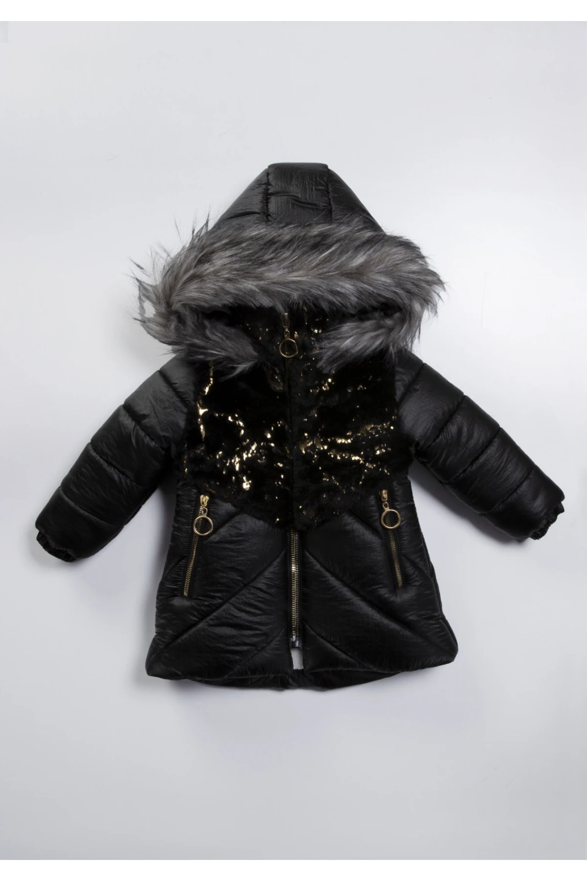 Kız Çocuk Siyah Çift Cepli 2-9 Yaş Kışlık İçi Polar Astarlı Kapüşonu Kürklü Şişme Mont HZL24W-MDM1224001