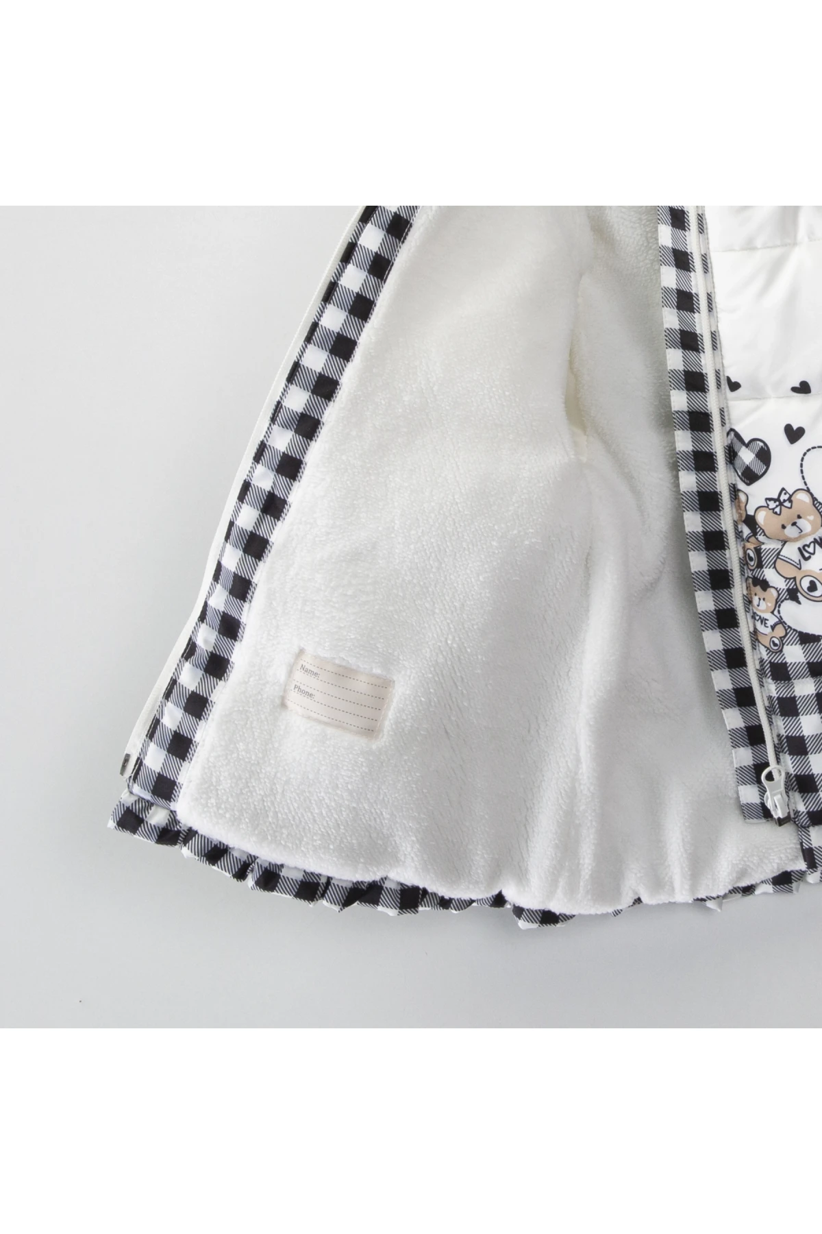 Kız Çocuk Siyah Kareli Ayıcık ve Kalp Desenli 1-5 Yaş Kışlık İçi Polar Astarlı Kapüşonlu Şişme Mont HZL24W-MDM1501161