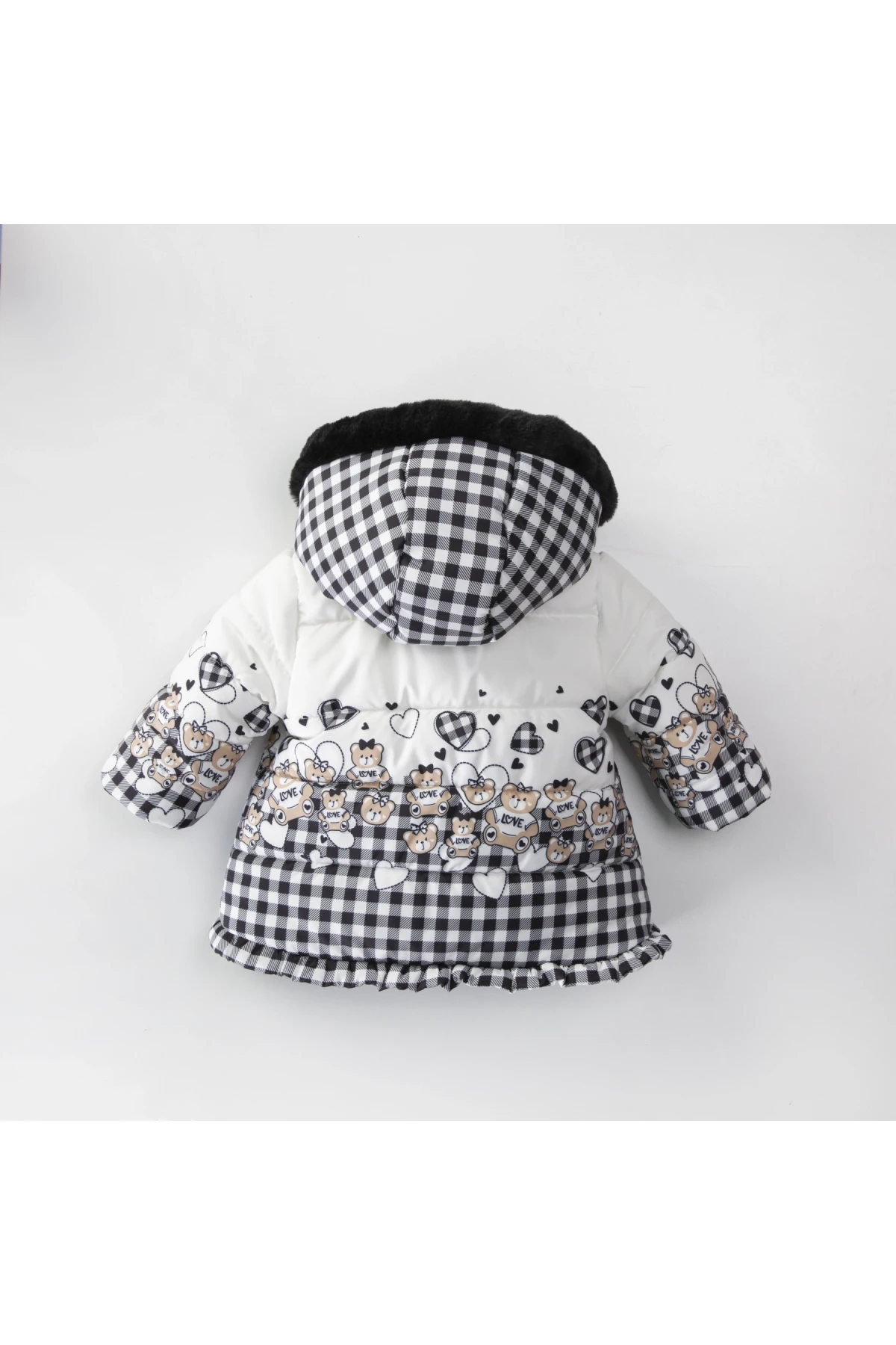 Kız Çocuk Siyah Kareli Ayıcık ve Kalp Desenli 1-5 Yaş Kışlık İçi Polar Astarlı Kapüşonlu Şişme Mont HZL24W-MDM1501161