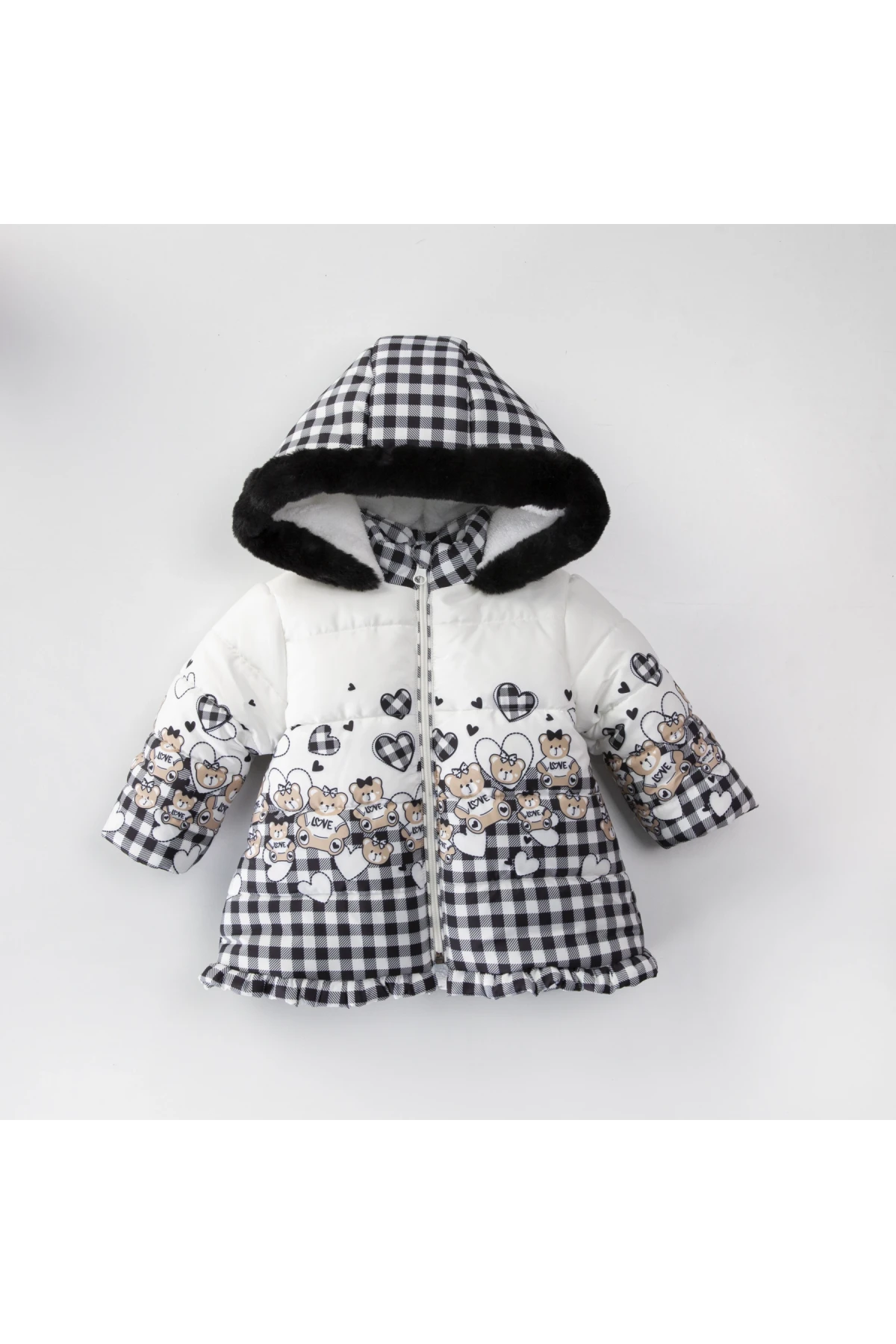 Kız Çocuk Siyah Kareli Ayıcık ve Kalp Desenli 1-5 Yaş Kışlık İçi Polar Astarlı Kapüşonlu Şişme Mont HZL24W-MDM1501161
