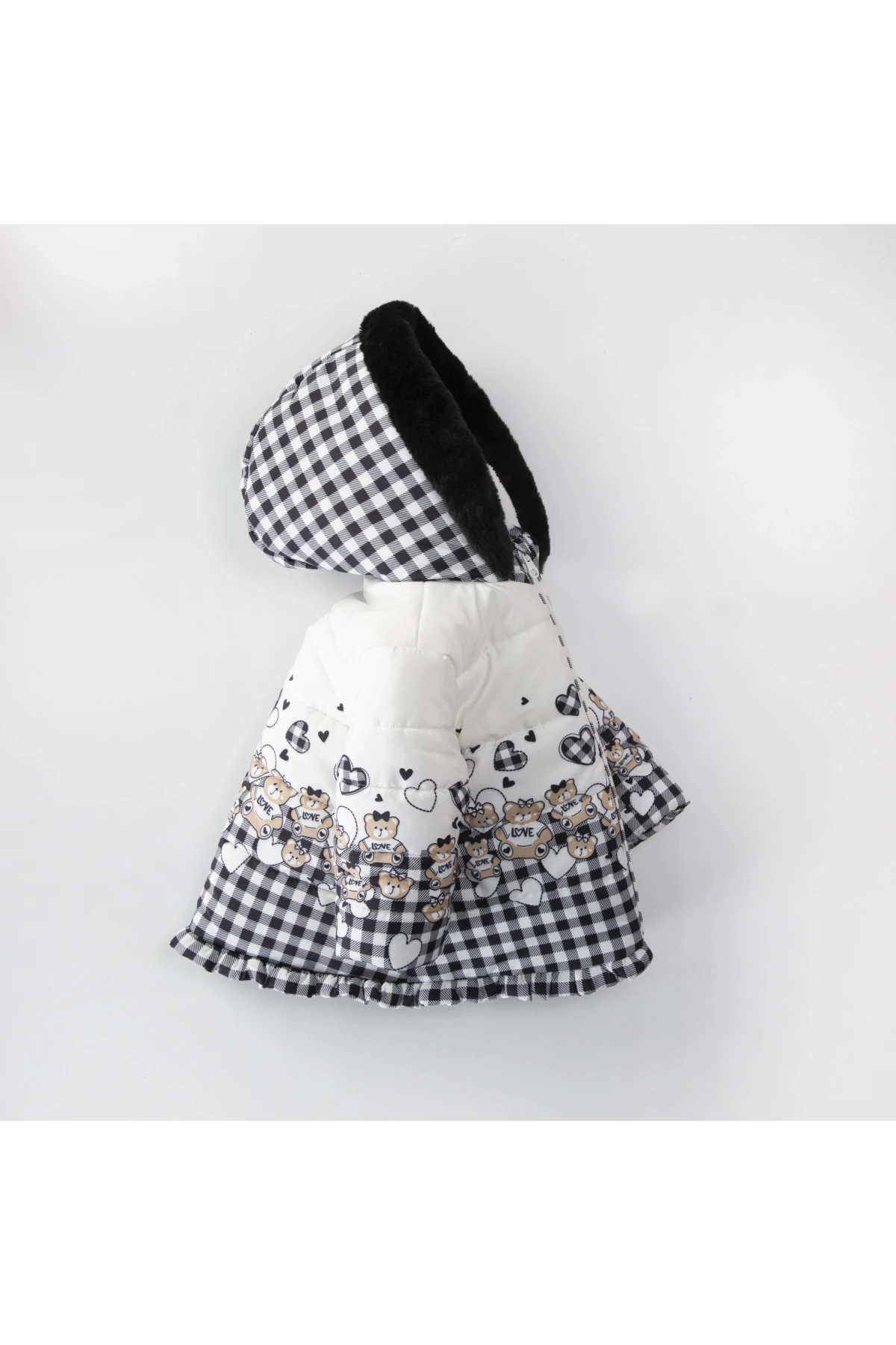Kız Çocuk Siyah Kareli Ayıcık ve Kalp Desenli 1-5 Yaş Kışlık İçi Polar Astarlı Kapüşonlu Şişme Mont HZL24W-MDM1501161