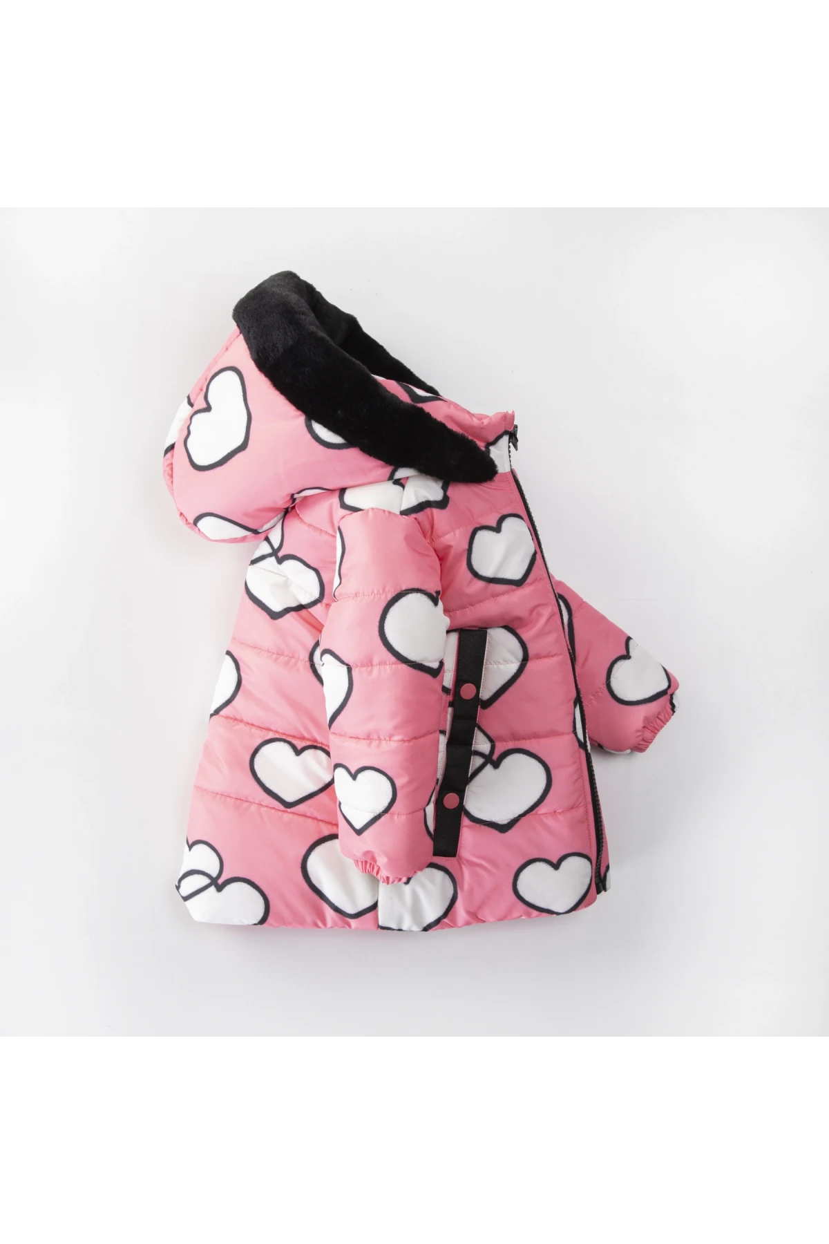 Kız Çocuk Somon Kalpli 1-5 Yaş Kışlık İçi Polar Astarlı Kapüşonlu Şişme Mont HZL24W-MDM1501171