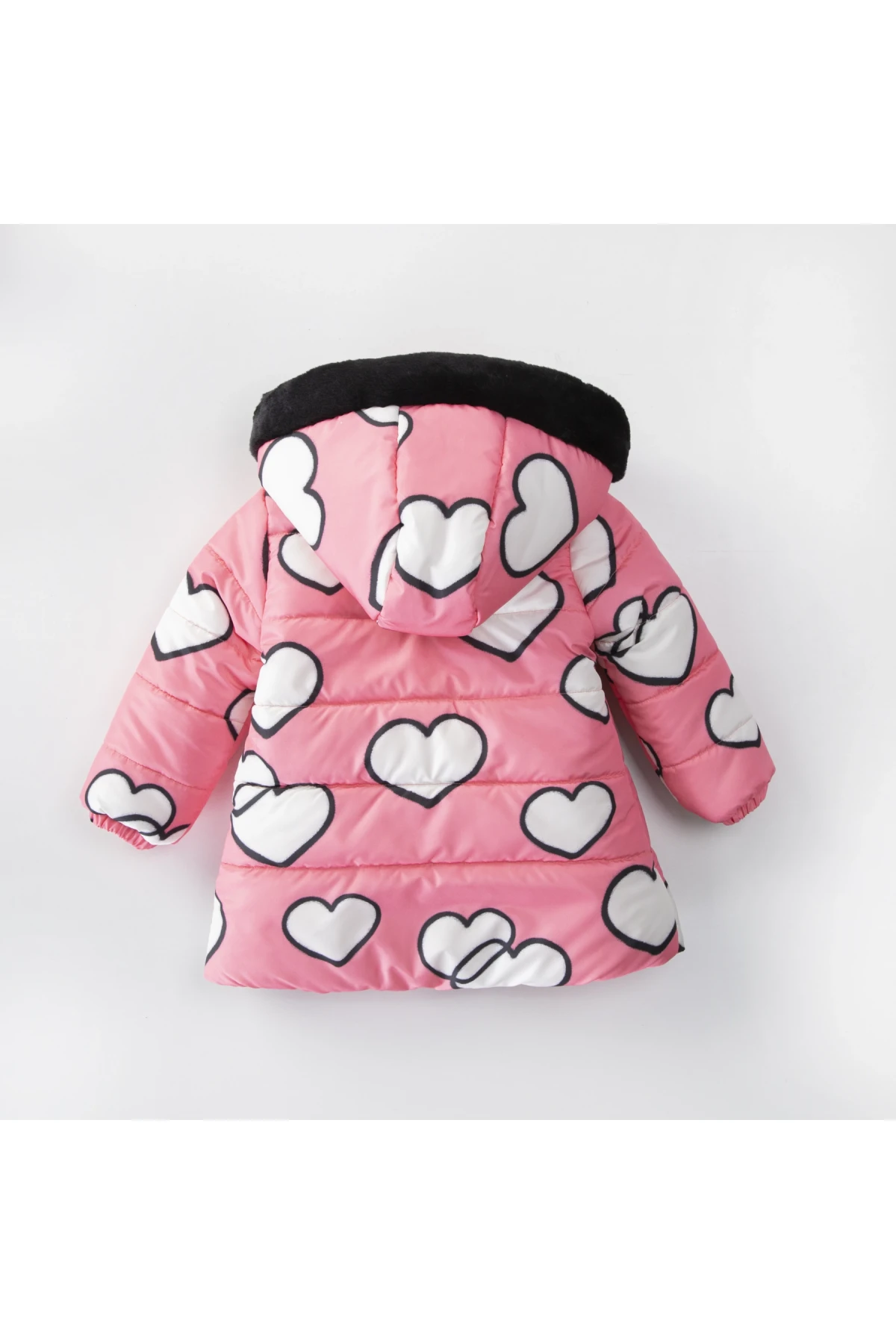 Kız Çocuk Somon Kalpli 1-5 Yaş Kışlık İçi Polar Astarlı Kapüşonlu Şişme Mont HZL24W-MDM1501171