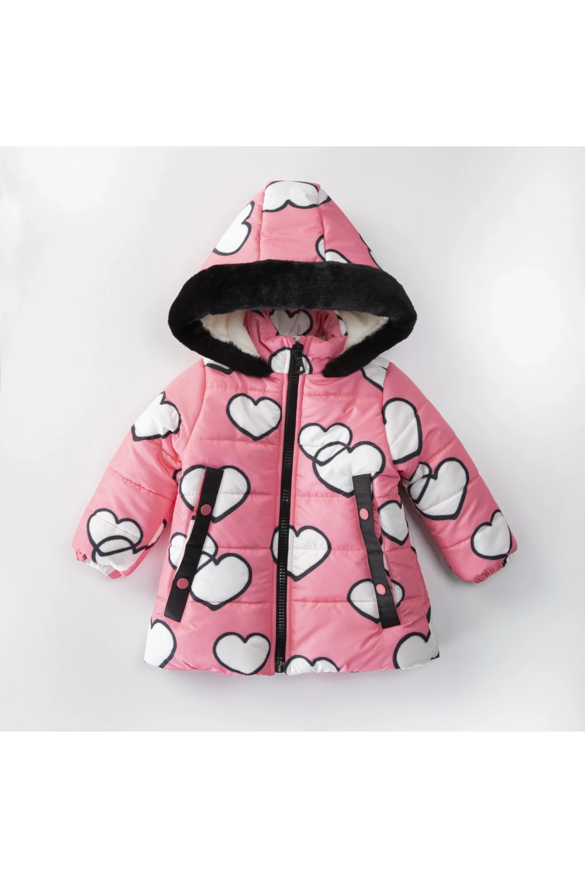 Kız Çocuk Somon Kalpli 1-5 Yaş Kışlık İçi Polar Astarlı Kapüşonlu Şişme Mont HZL24W-MDM1501171