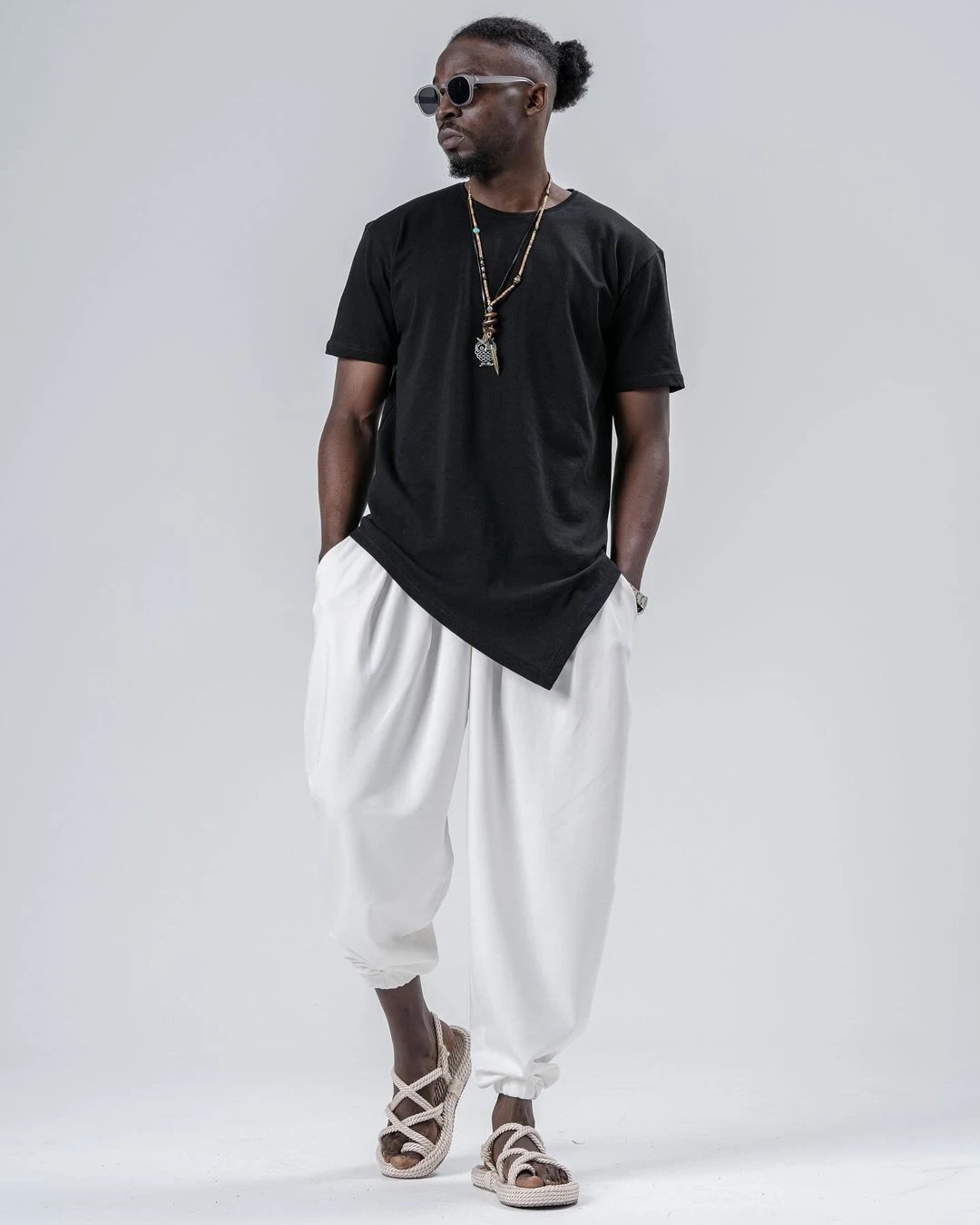 Erkek Beyaz Beli ve Paçası Lastikli Bol Kesim Jogger Eşofman Altı HZL24S-MXC8989-311