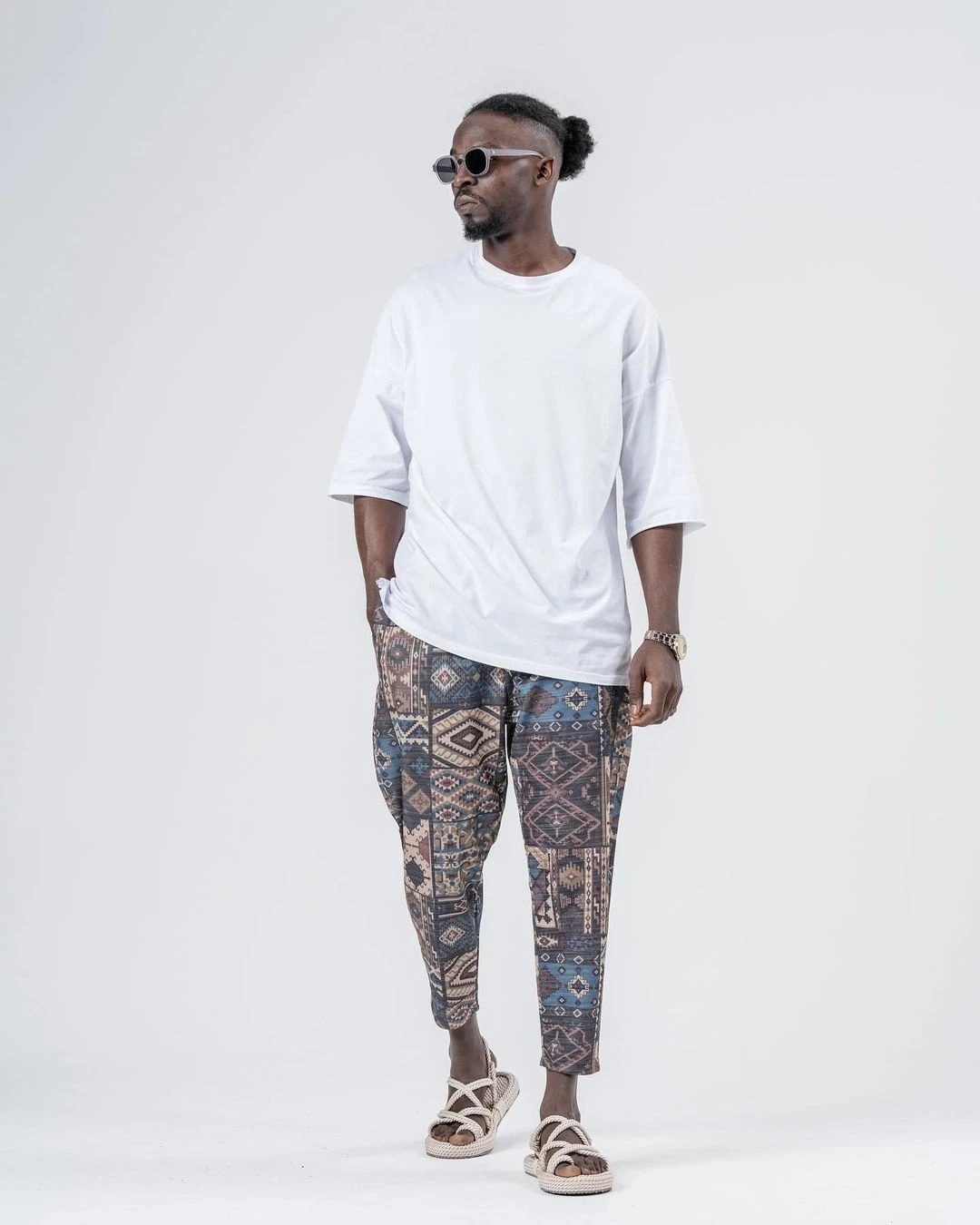 Erkek Camel Mavi Kilim Desenli Beli İp Bağlamalı Düz Kesim Pantolon Eşofman Altı HZL24S-MXC8948-266