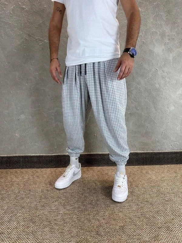 Erkek Ekru Gri etnik desenli Beli ve Paçası Lastikli Eşofman Altı HZL24S-MXC8989-160