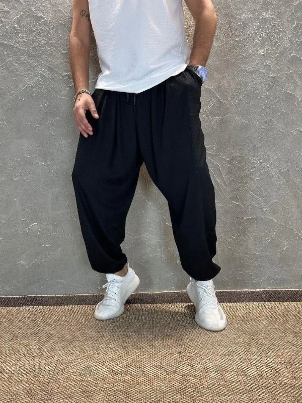 Erkek Siyah Bürümcük Beli ve Paçası Lastikli Bol Kesim Jogger Eşofman Altı HZL24S-MXC8989-356