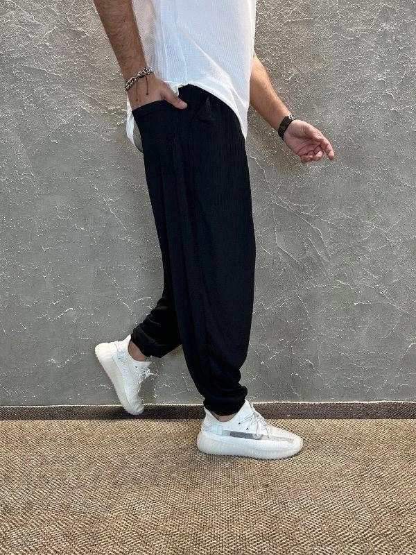 Erkek Siyah Bürümcük Beli ve Paçası Lastikli Bol Kesim Jogger Eşofman Altı HZL24S-MXC8989-356