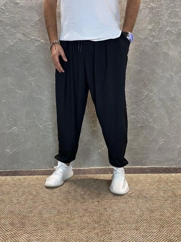 Erkek Siyah Bürümcük Beli ve Paçası Lastikli Bol Kesim Jogger Eşofman Altı HZL24S-MXC8989-356