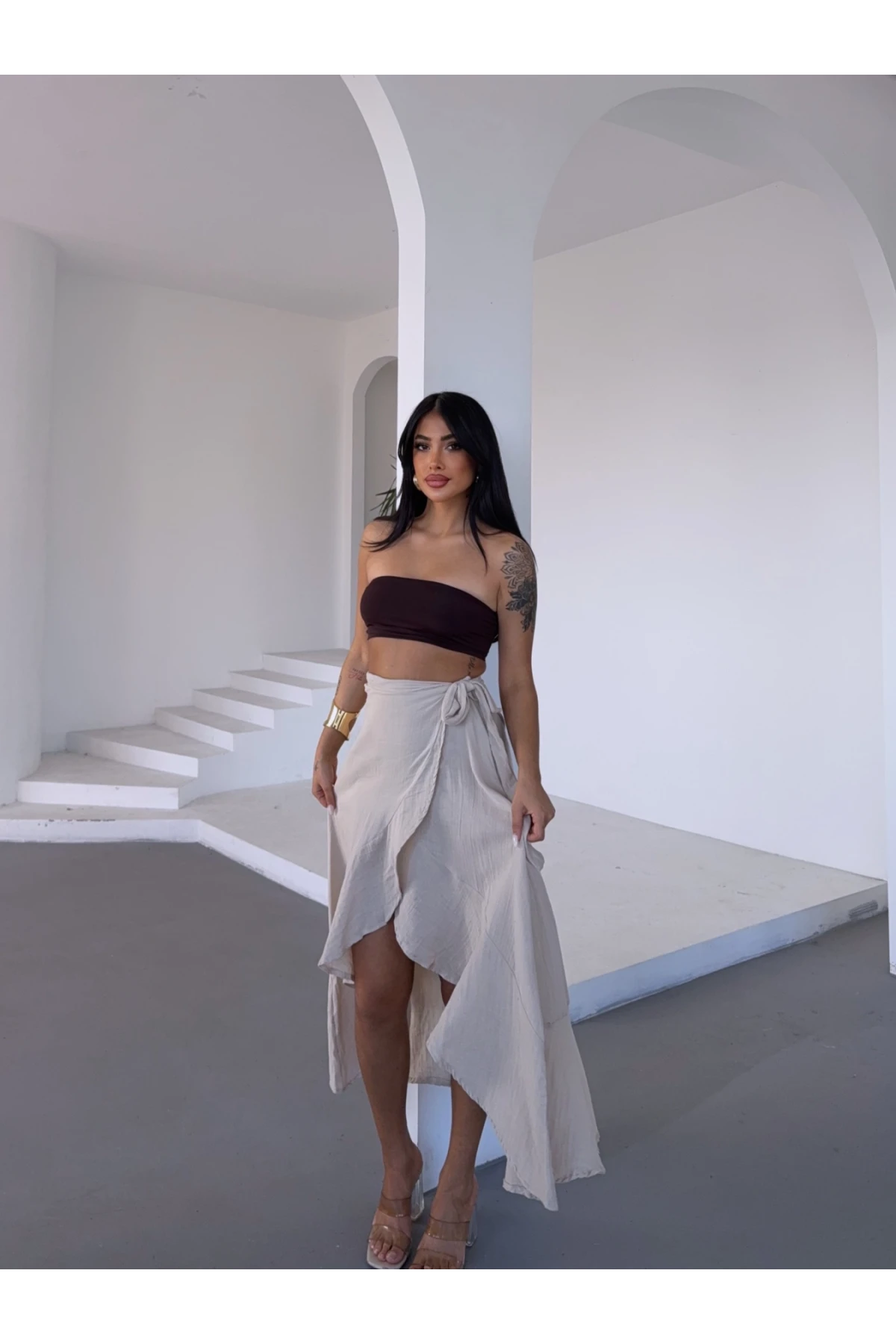 Kadım Bej Belden Bağlamalı Asimetrik Müslin Etek HZL25S-DSB117801