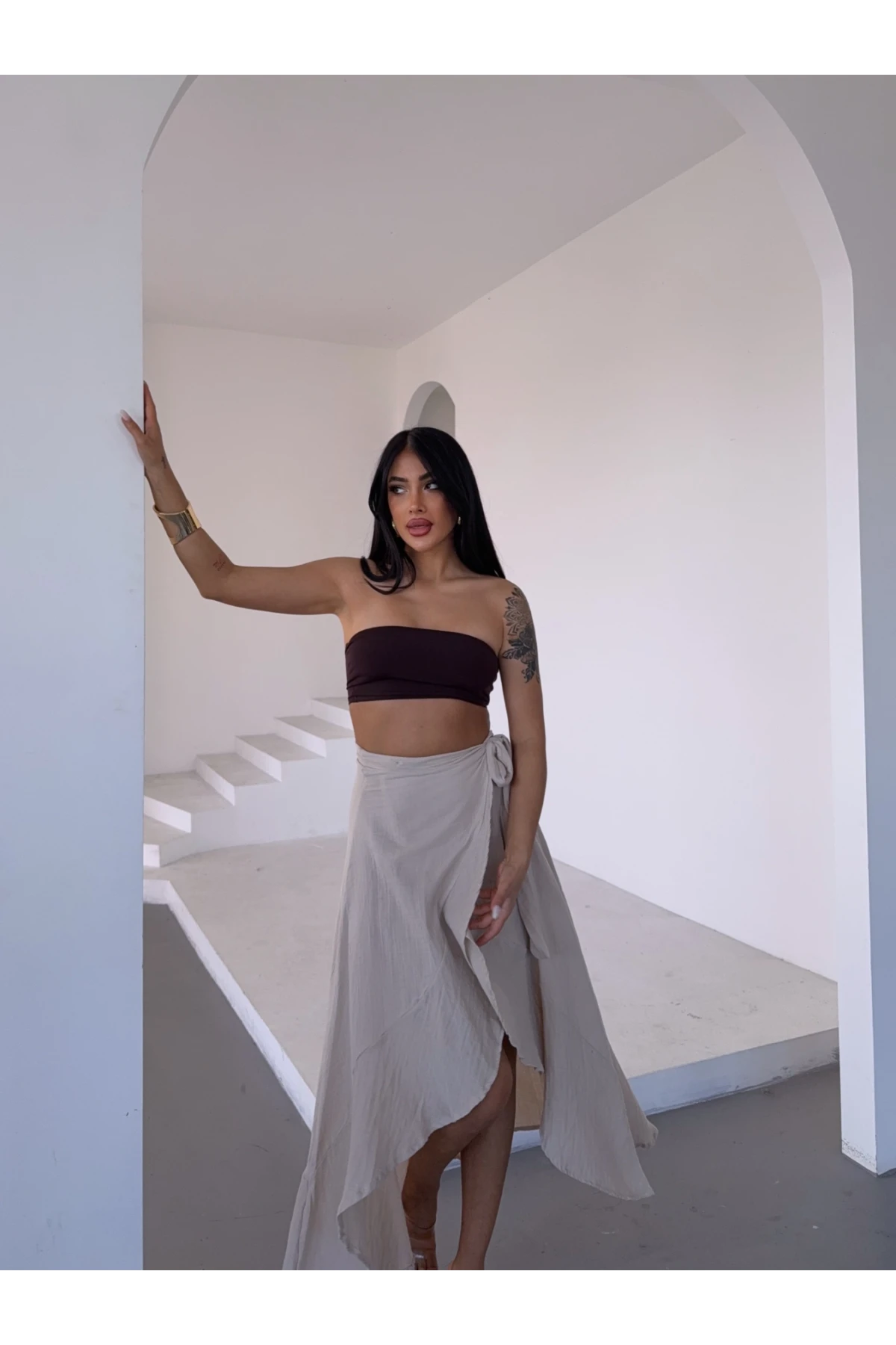 Kadım Bej Belden Bağlamalı Asimetrik Müslin Etek HZL25S-DSB117801