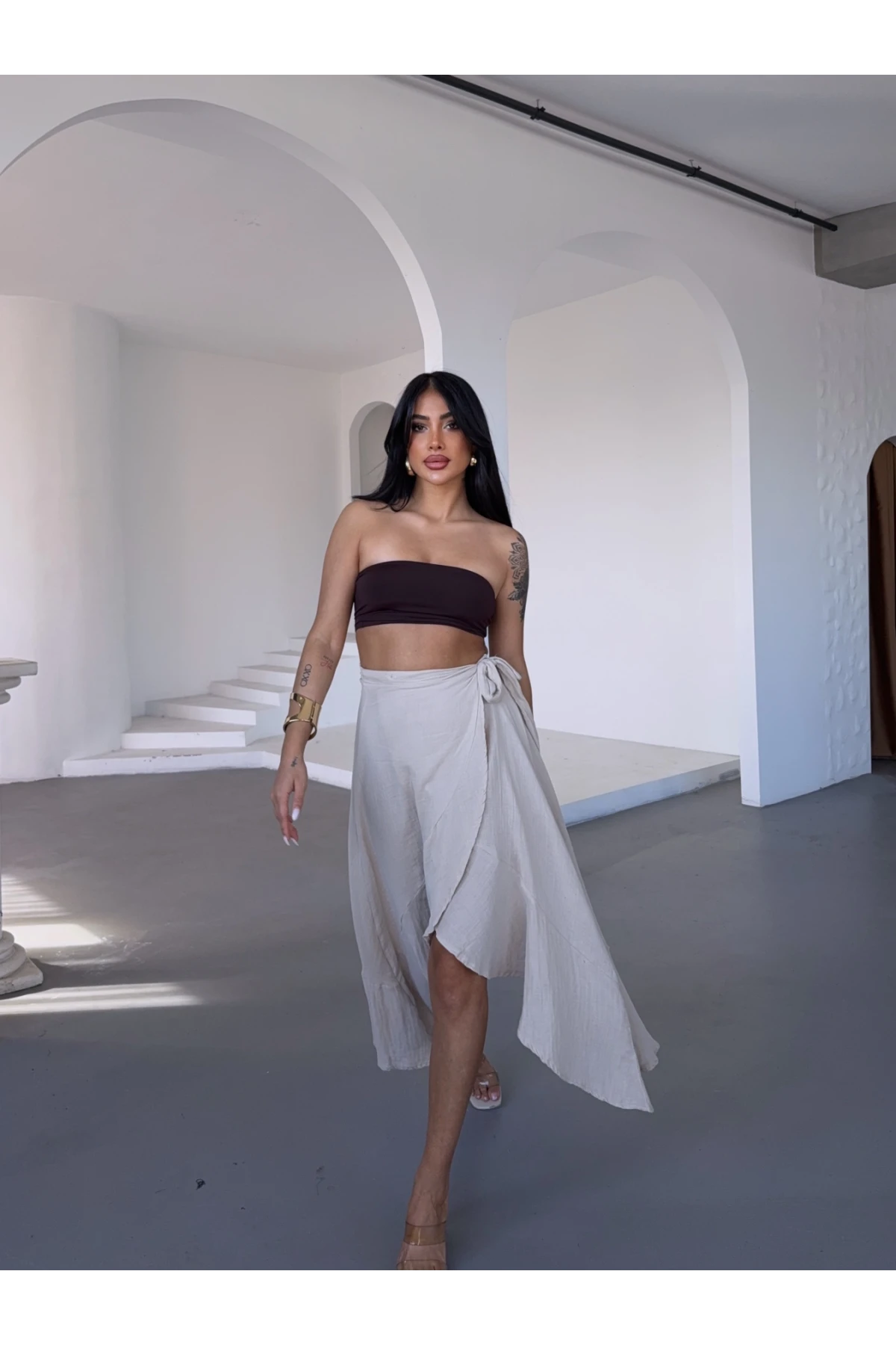 Kadım Bej Belden Bağlamalı Asimetrik Müslin Etek HZL25S-DSB117801