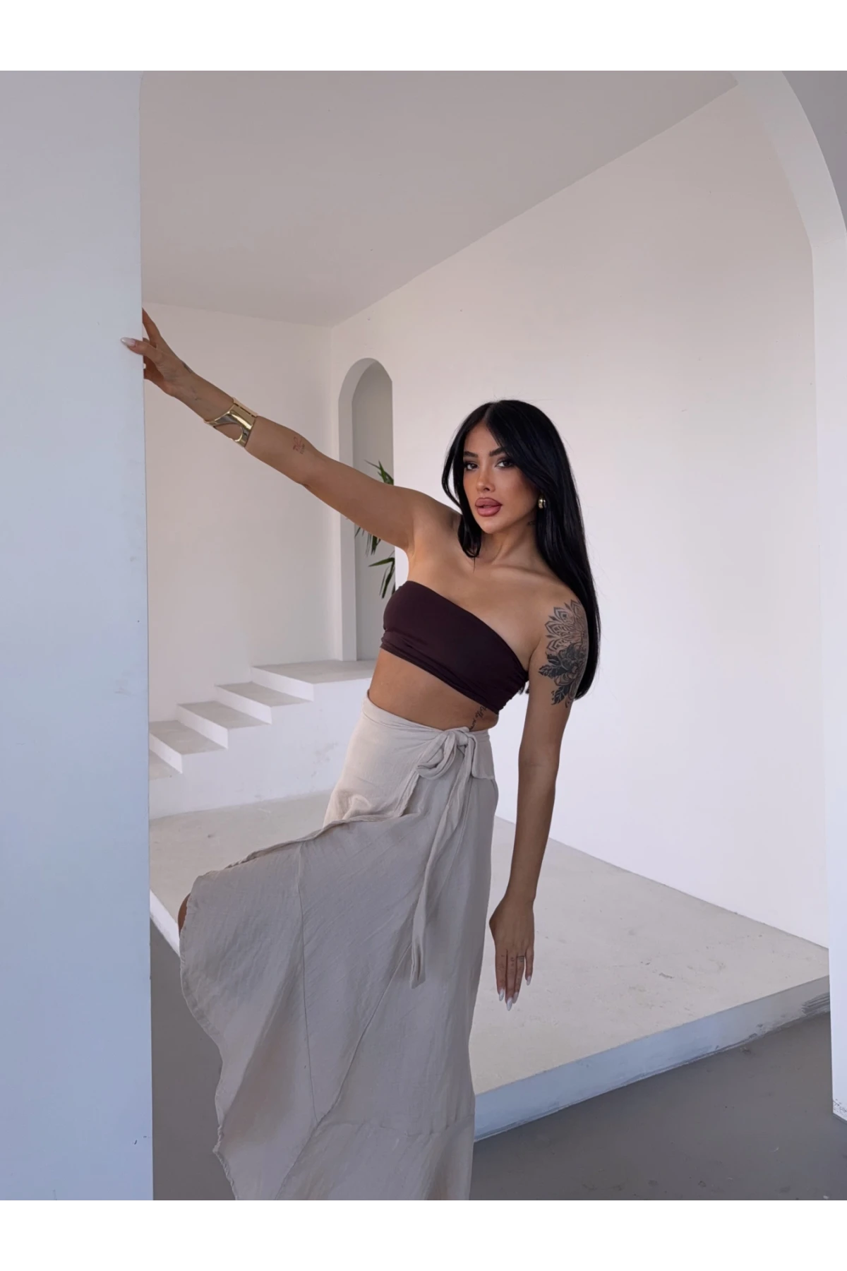 Kadım Bej Belden Bağlamalı Asimetrik Müslin Etek HZL25S-DSB117801