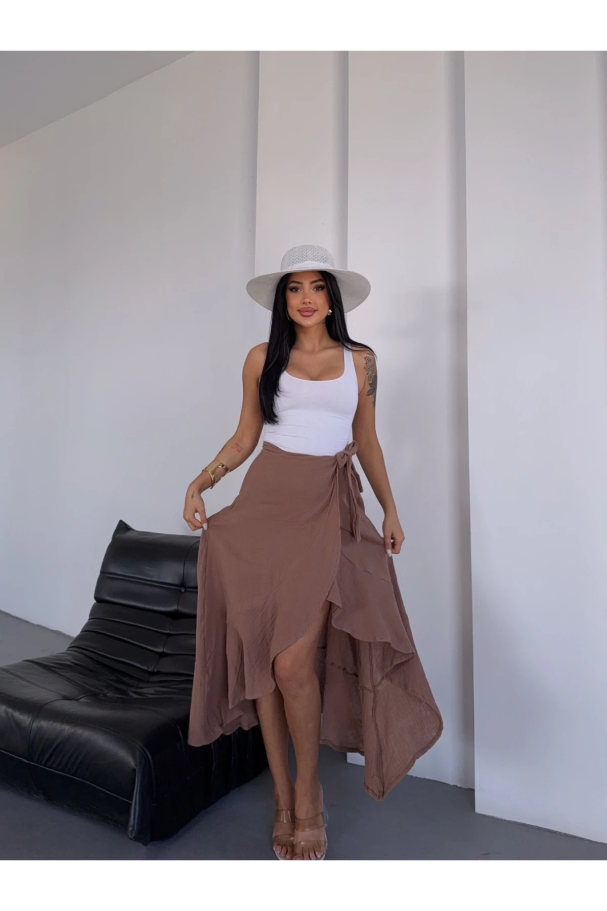 Kadım Camel Belden Bağlamalı Asimetrik Müslin Etek HZL25S-DSB117801