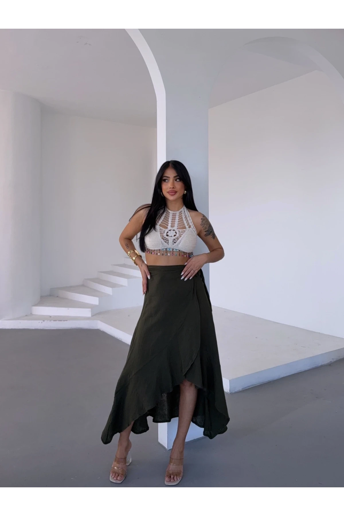 Kadım Haki Belden Bağlamalı Asimetrik Müslin Etek HZL25S-DSB117801