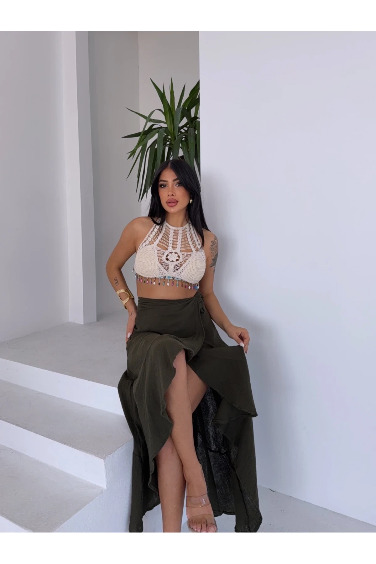 Kadım Haki Belden Bağlamalı Asimetrik Müslin Etek HZL25S-DSB117801