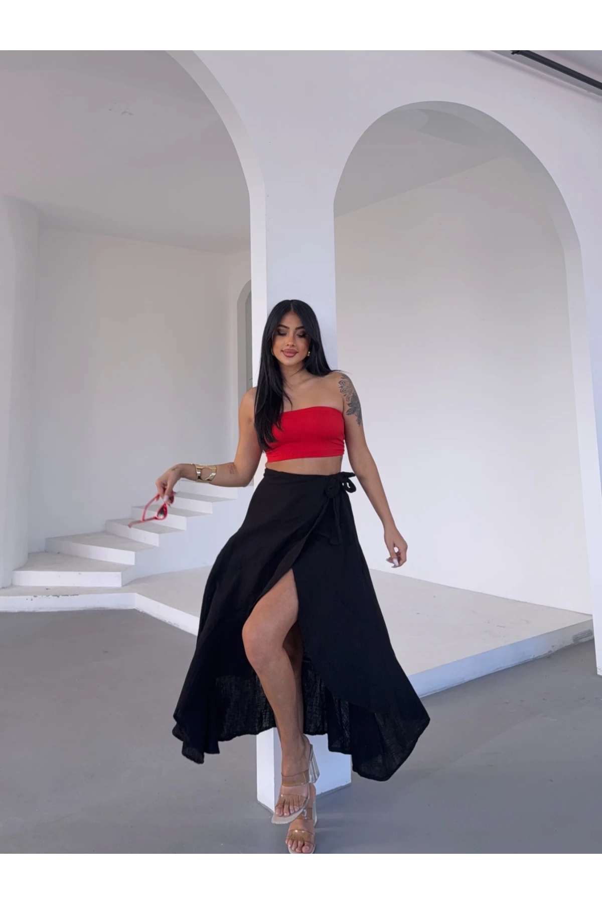 Kadım Siyah Belden Bağlamalı Asimetrik Müslin Etek HZL25S-DSB117801