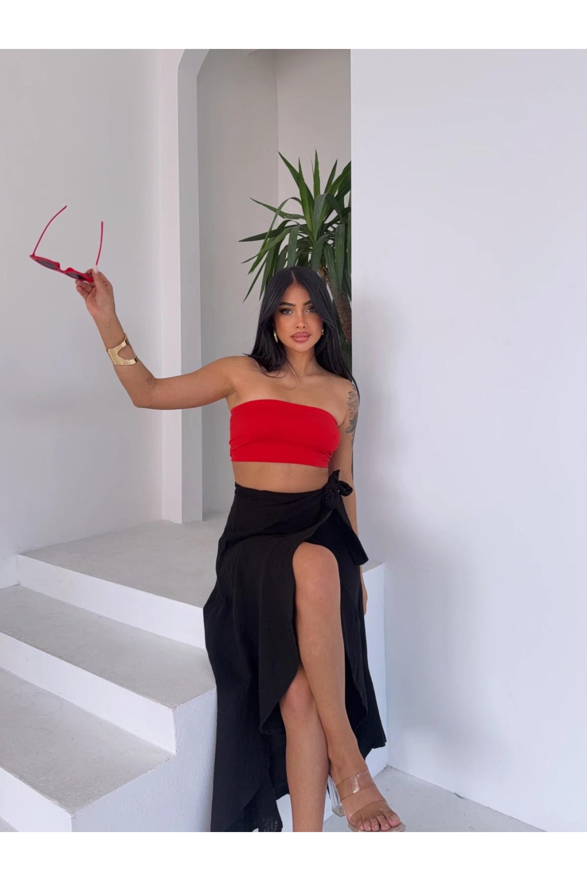 Kadım Siyah Belden Bağlamalı Asimetrik Müslin Etek HZL25S-DSB117801