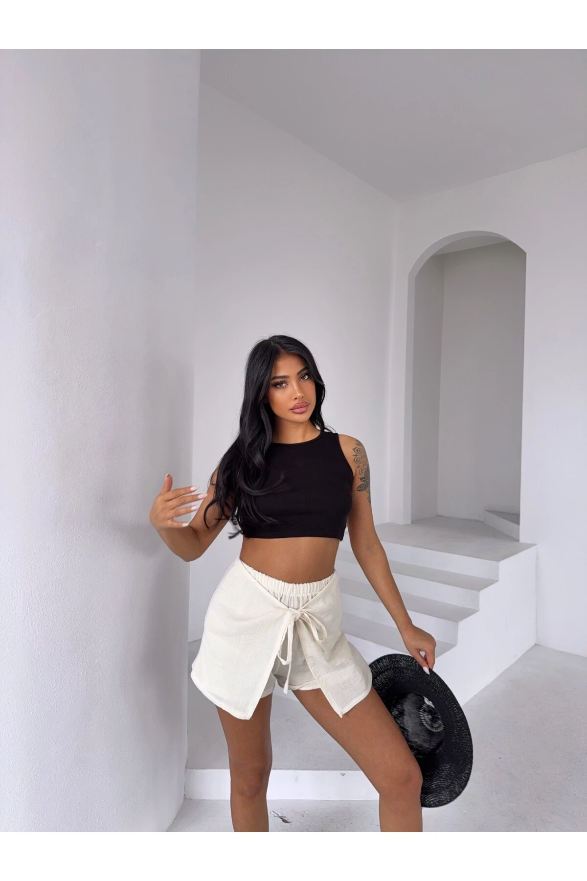 Kadın Açık Krem Bağlama Detay Müslin Şort HZL25S-DSB2323