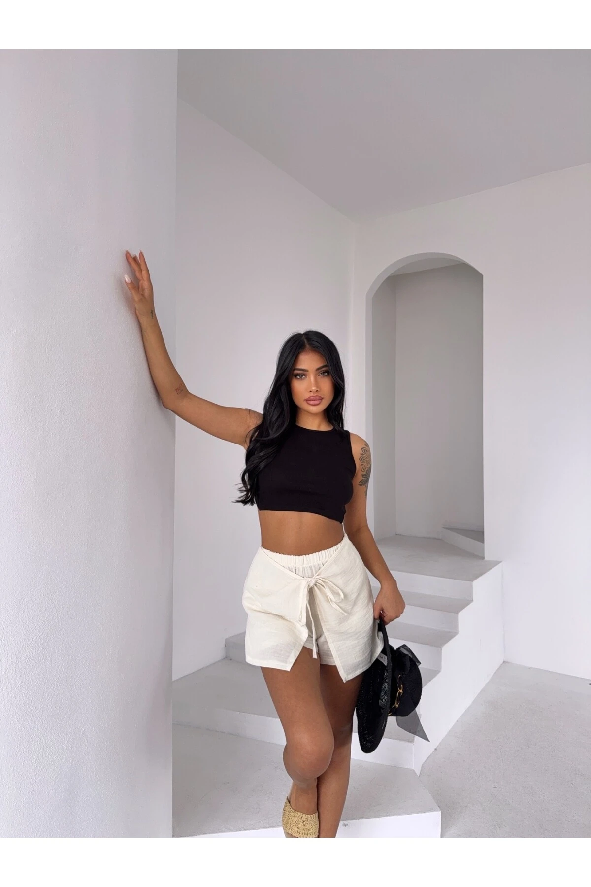 Kadın Açık Krem Bağlama Detay Müslin Şort HZL25S-DSB2323
