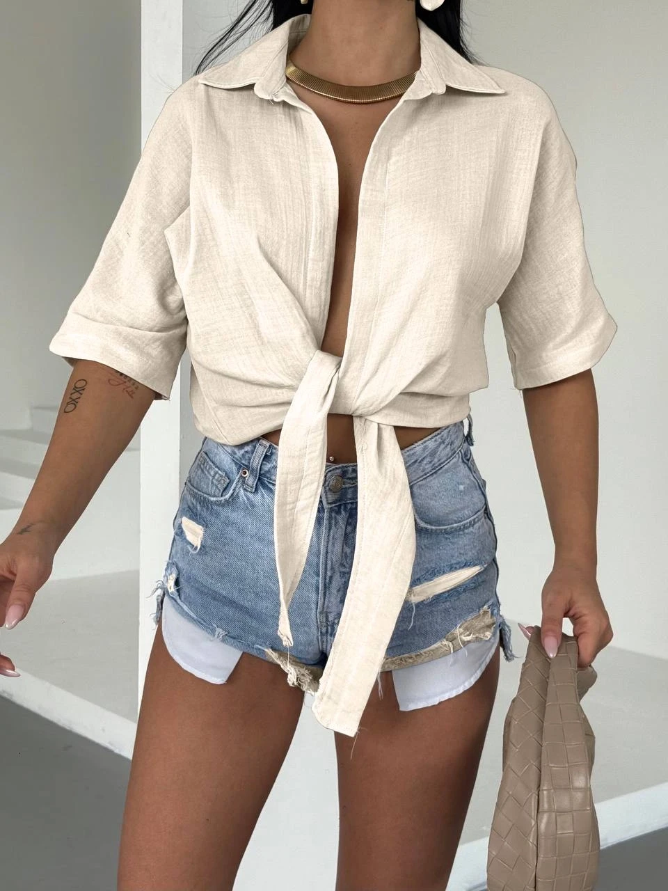 Kadın Açık Krem Bağlama Detaylı Müslin Keten Bluz HZL25S-DSB1212