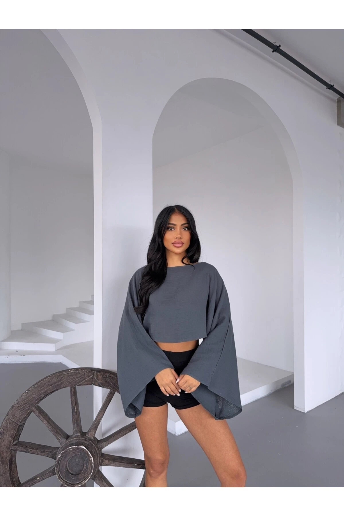 Kadın Antrasit Panço Model Müslin Bluz HZL25S-DSB16161