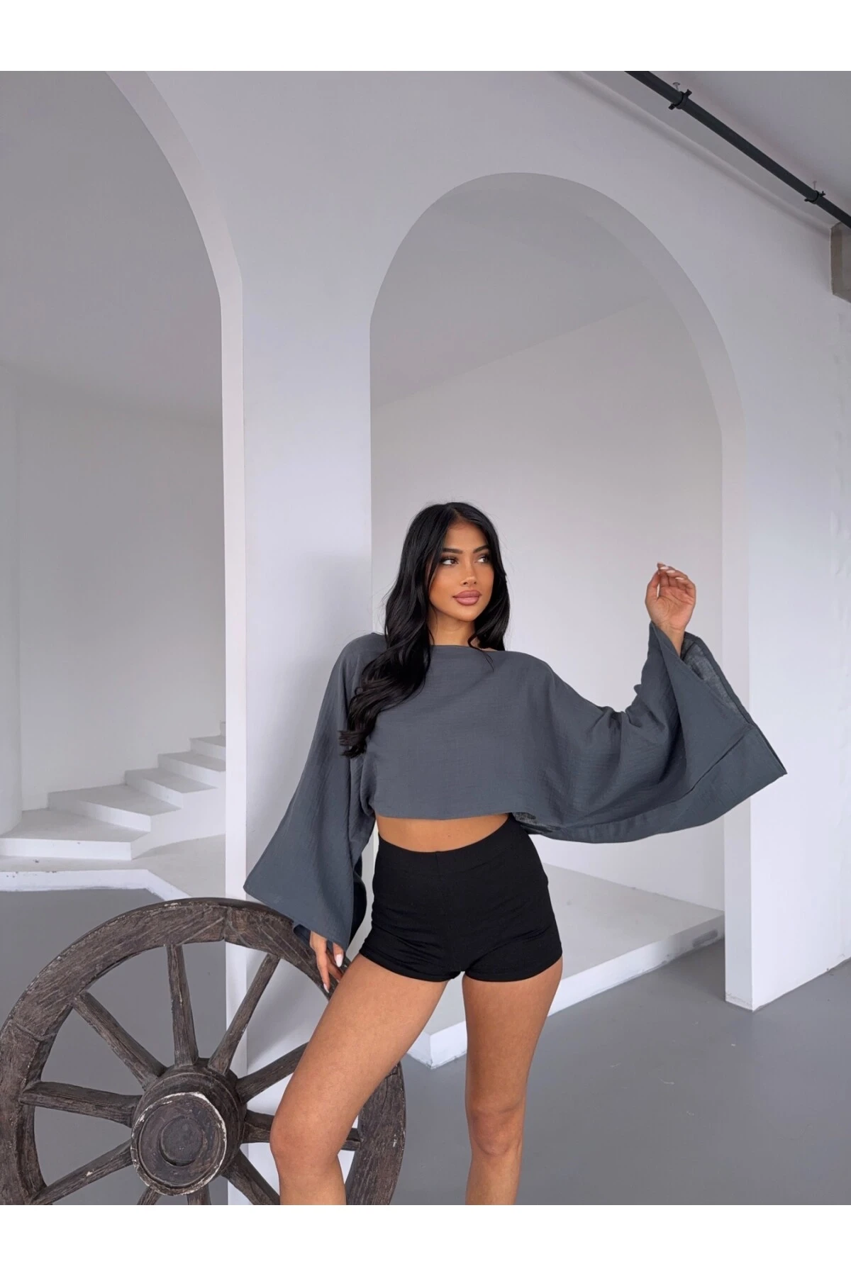 Kadın Antrasit Panço Model Müslin Bluz HZL25S-DSB16161